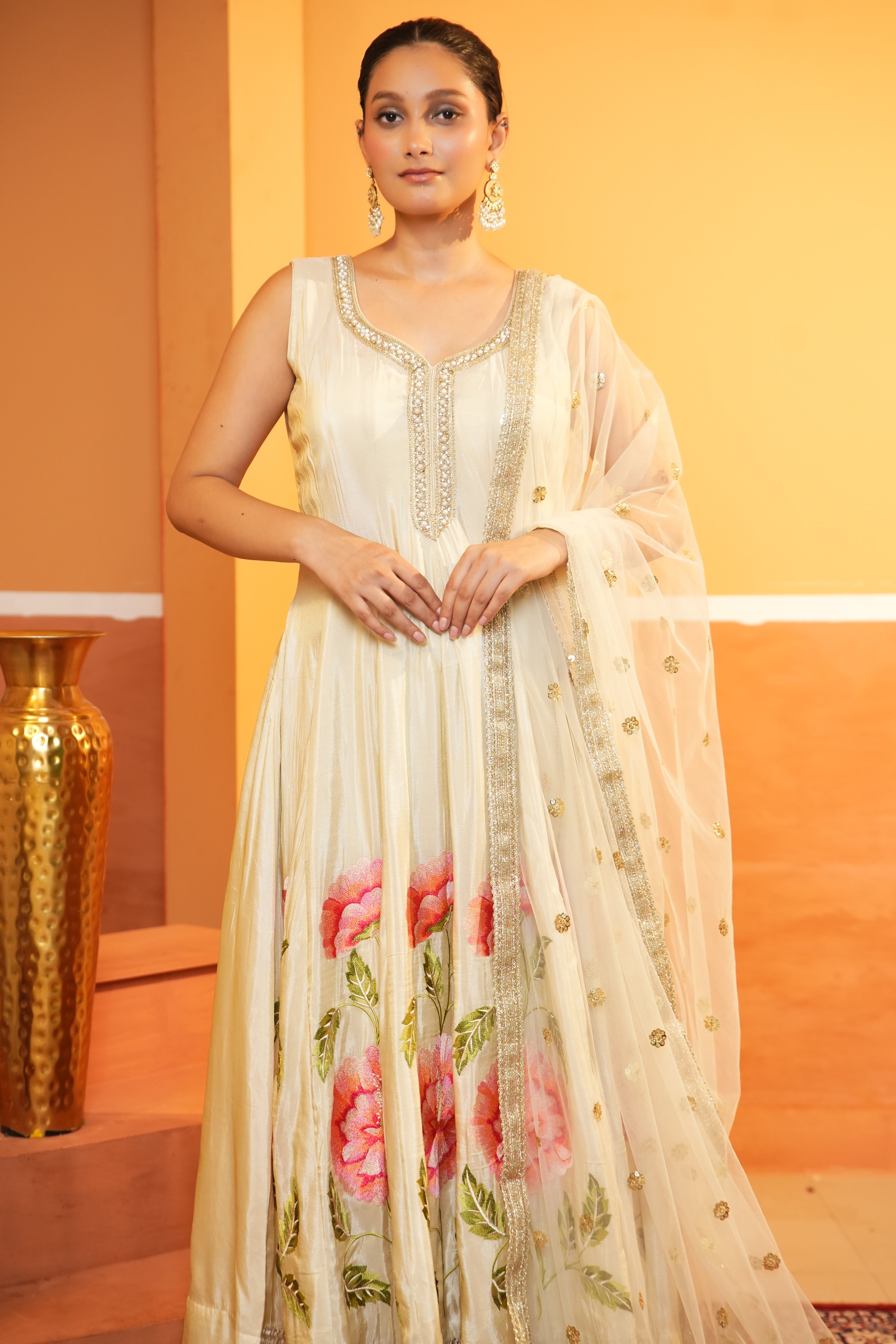 Golden Beige Silk Anarkali Set
