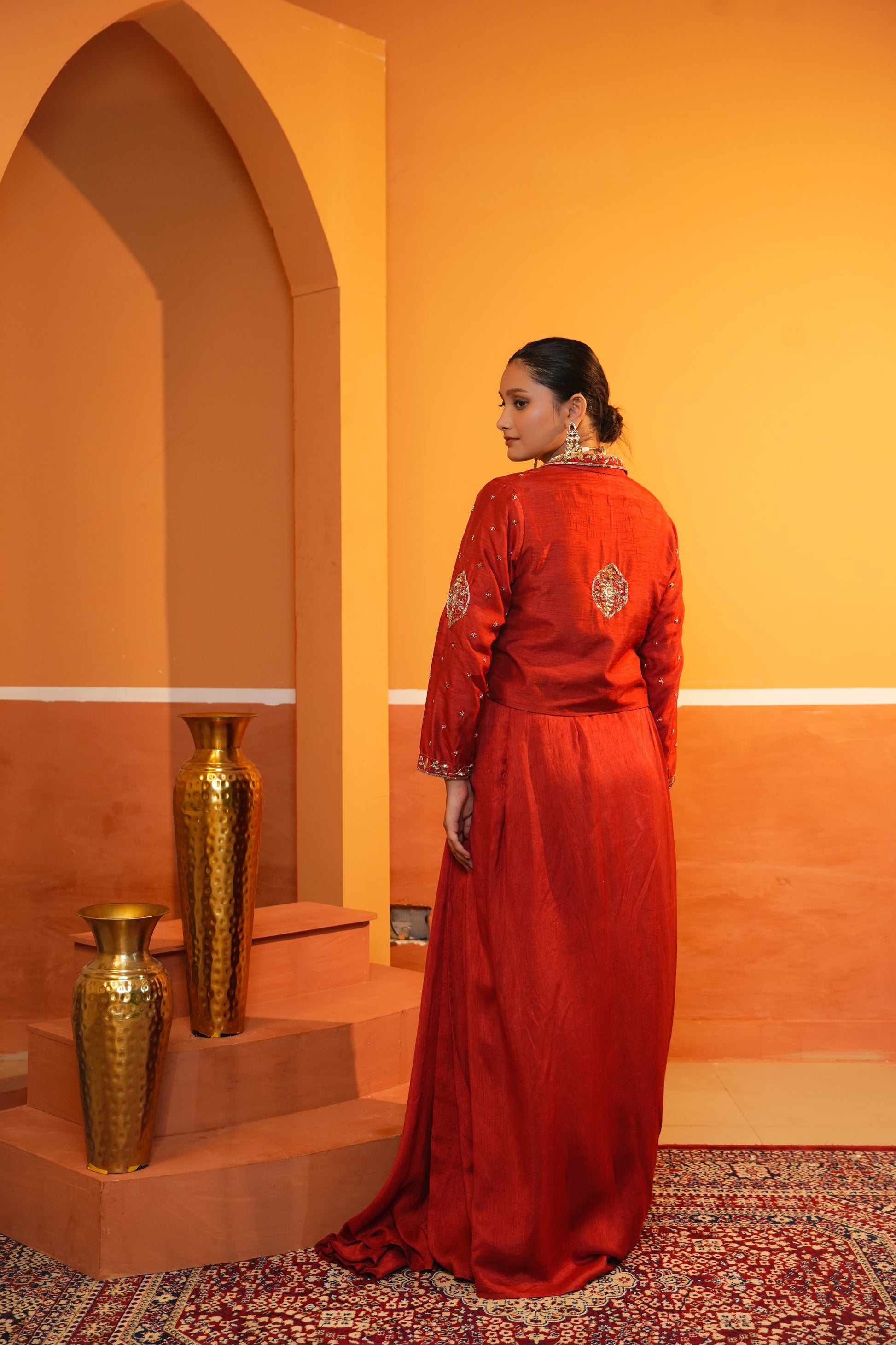 Imperial Red Draped Skirt With Blouse And Embroidered Jacket Set