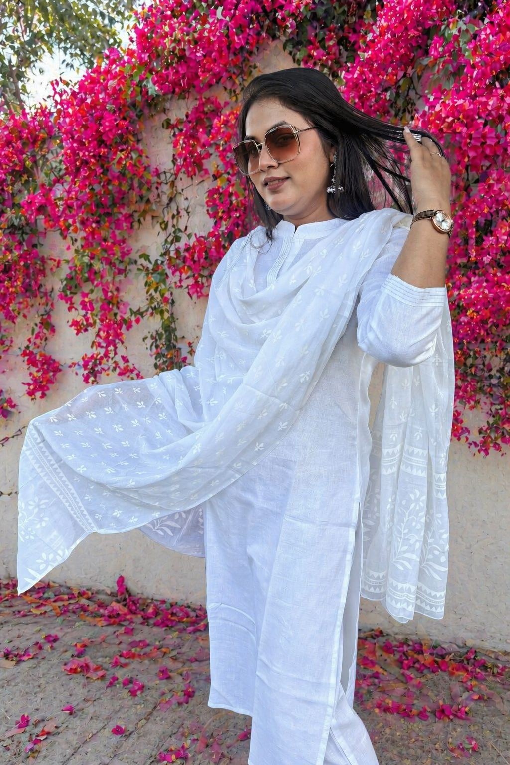 Snowy White Mul Cotton Kurta With Slip and Pants and Dupatta Suit Set