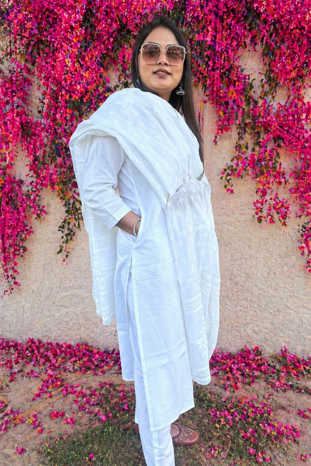 Snowy White Mul Cotton Kurta With Slip and Pants and Dupatta Suit Set