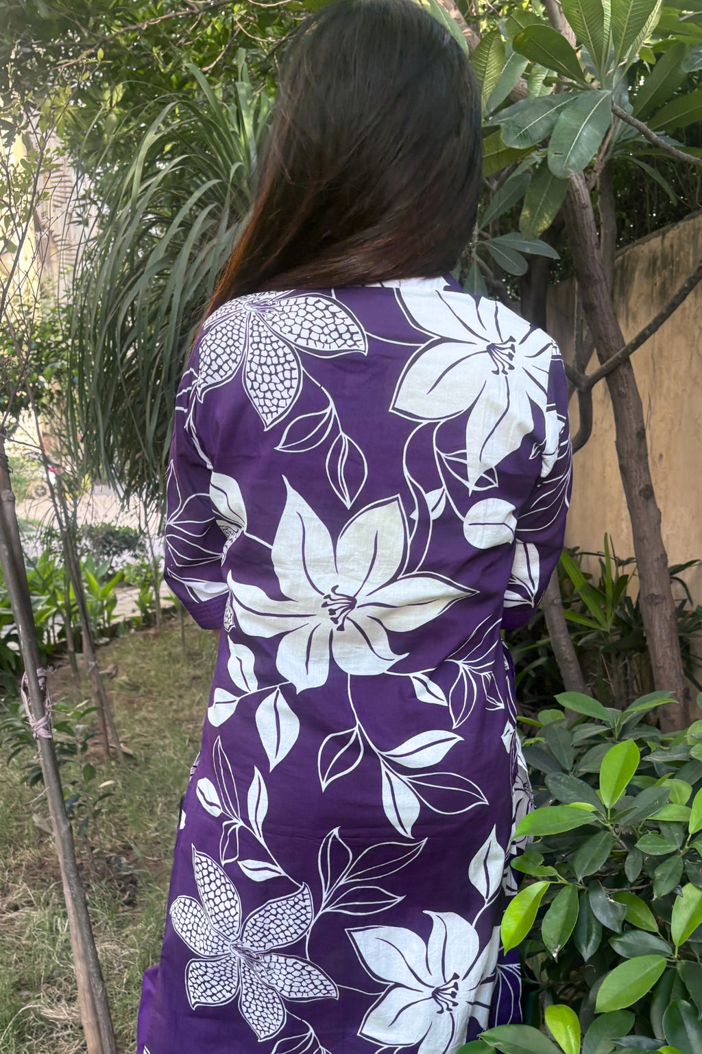 Purple Flora Printed Cotton Kurta with Pants