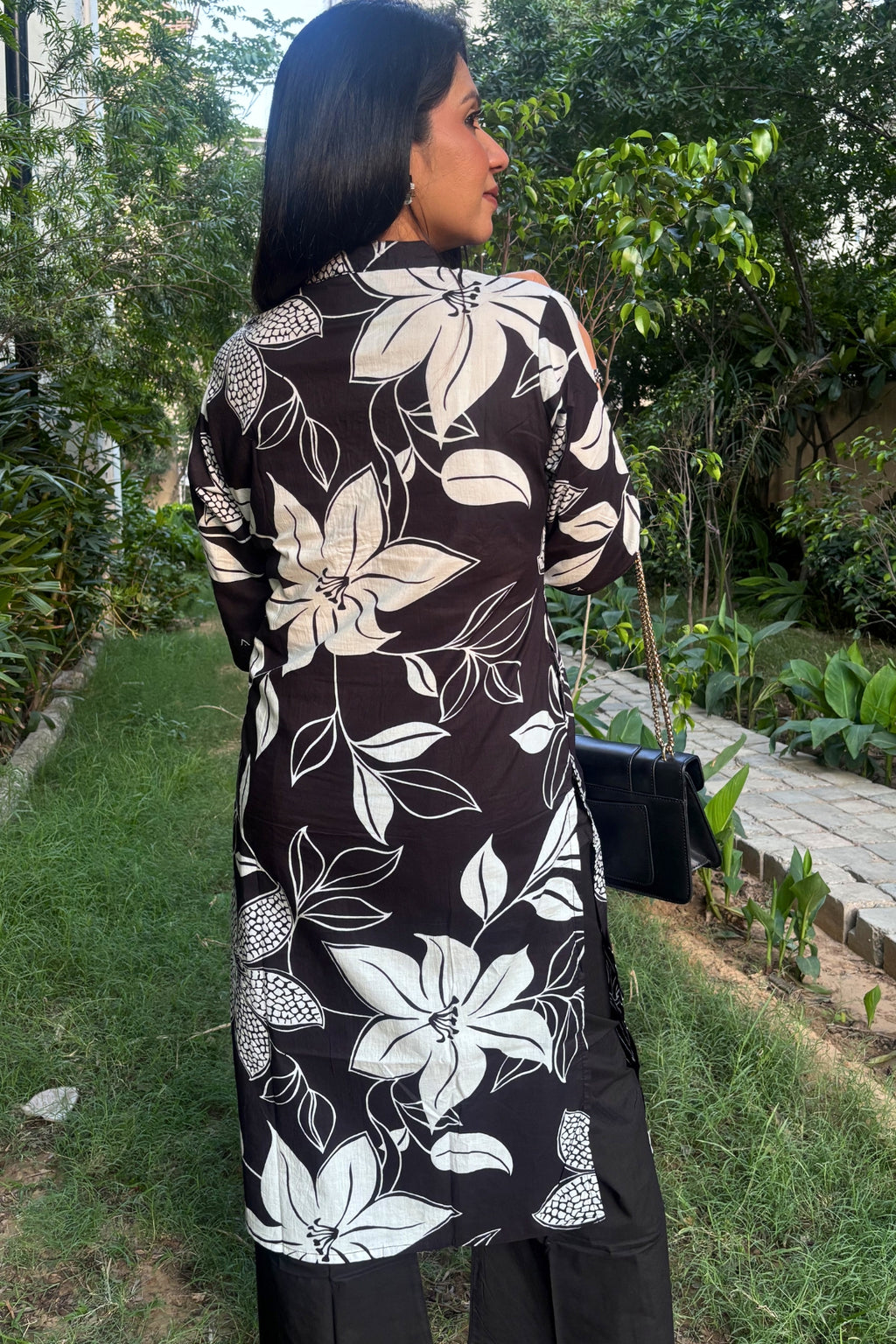 Black Flora Printed Cotton Kurta with Pants