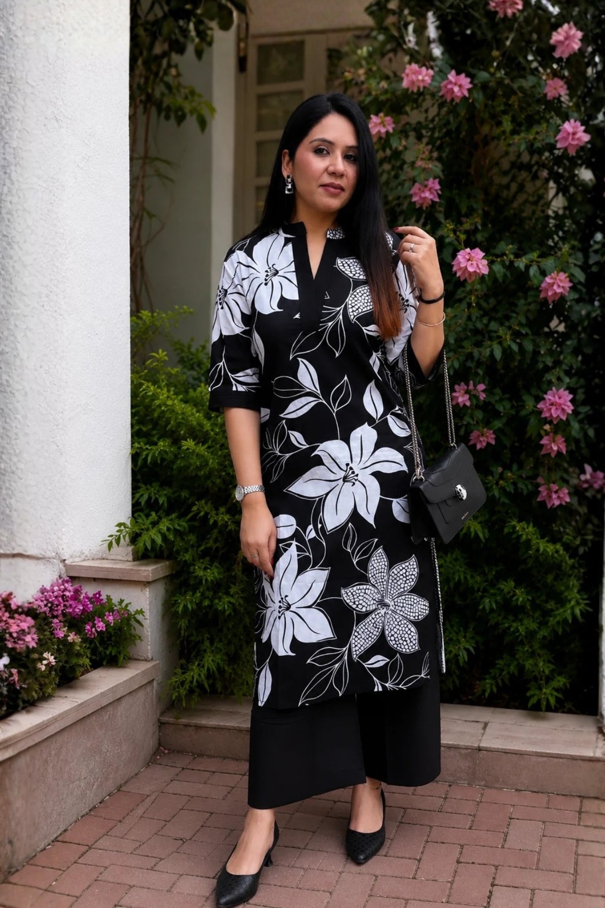 Black Flora Printed Cotton Kurta with Pants