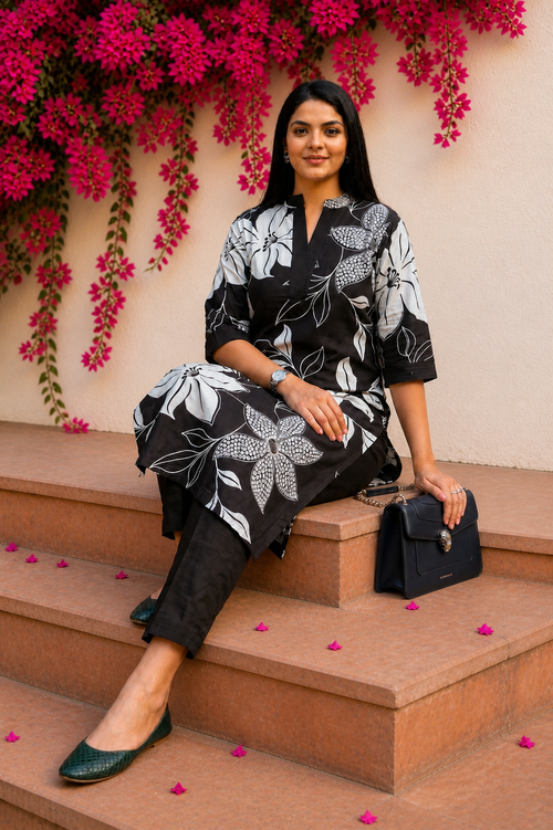 Black Flora Printed Cotton Kurta with Pants