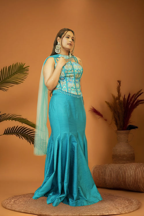Blue Brocade Corset Blouse Mermaid Skirt Set