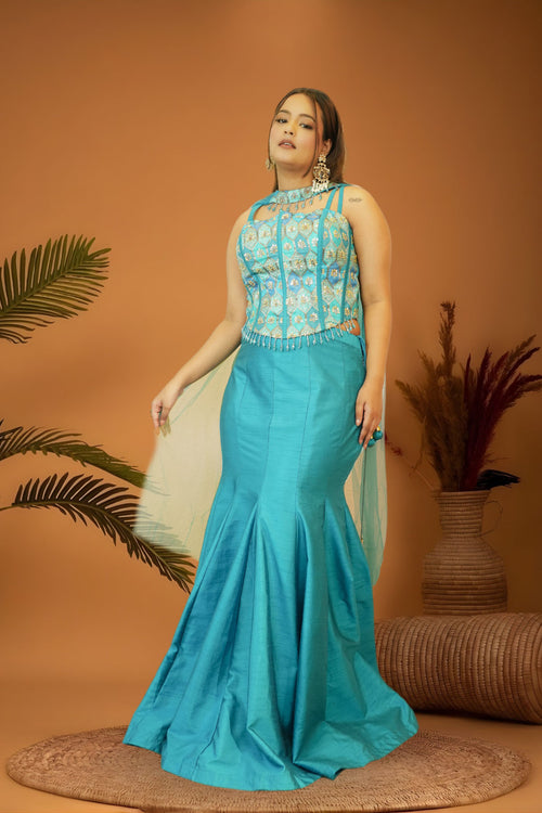 Blue Brocade Corset Blouse Mermaid Skirt Set