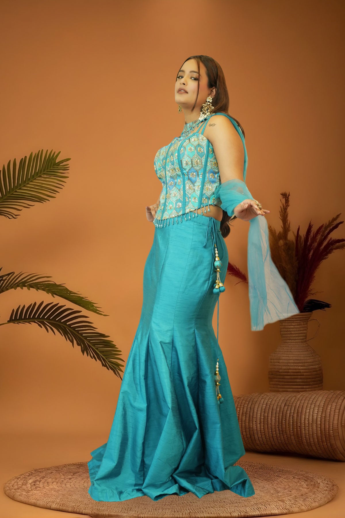 Blue Brocade Corset Blouse Mermaid Skirt Set