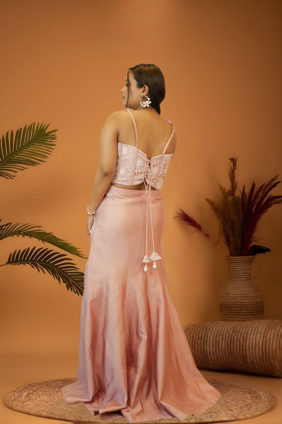 Blush Pink Corset Cutwork Blouse Mermaid Skirt Set