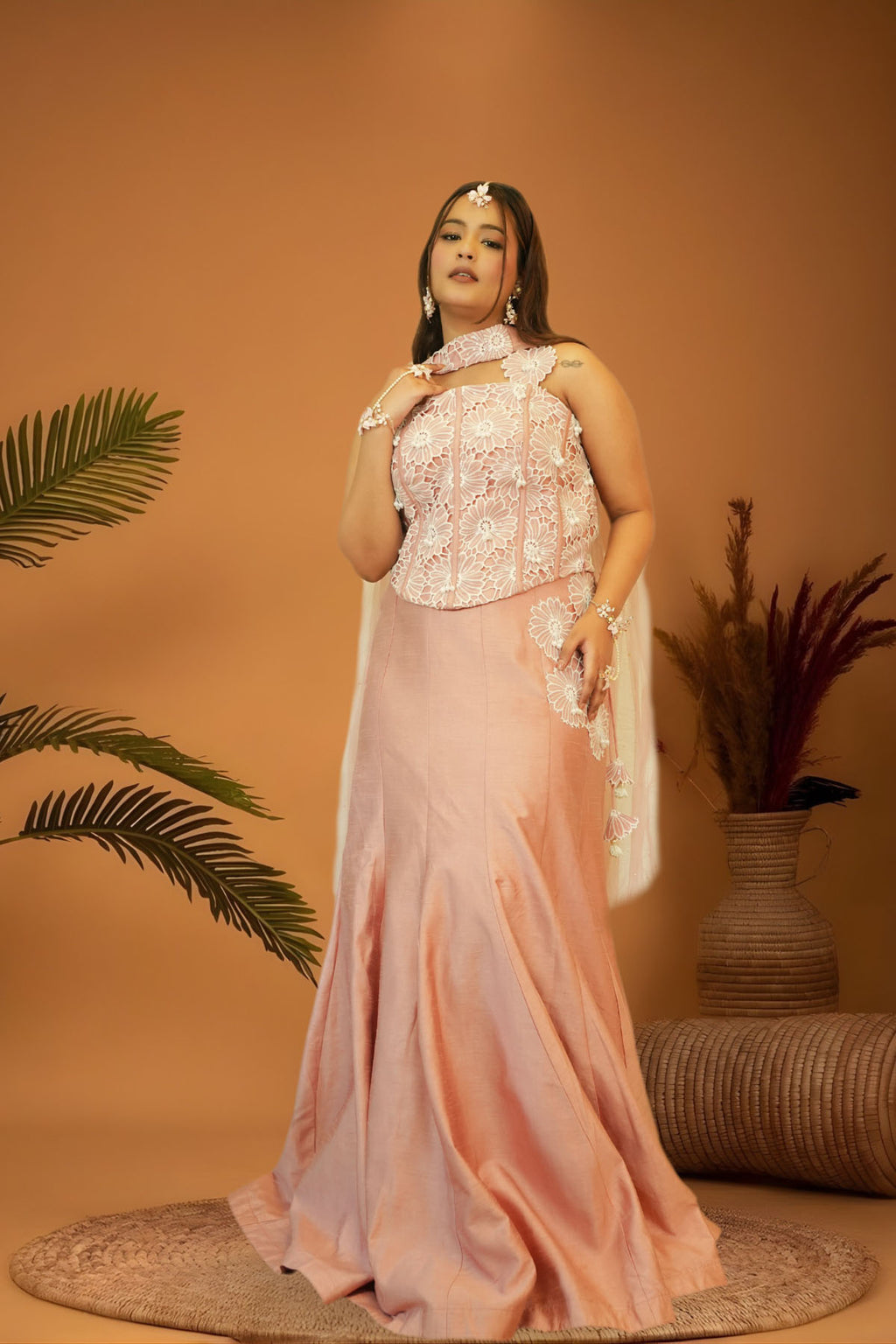 Blush Pink Corset Cutwork Blouse Mermaid Skirt Set