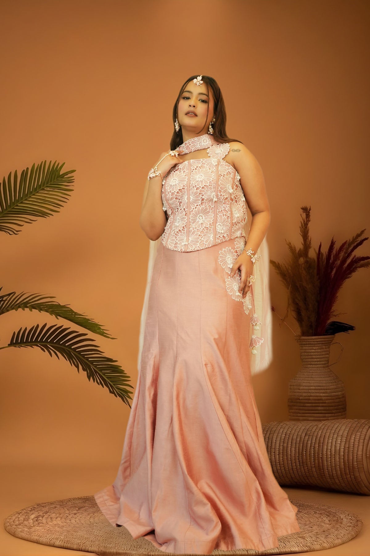 Blush Pink Corset Cutwork Blouse Mermaid Skirt Set