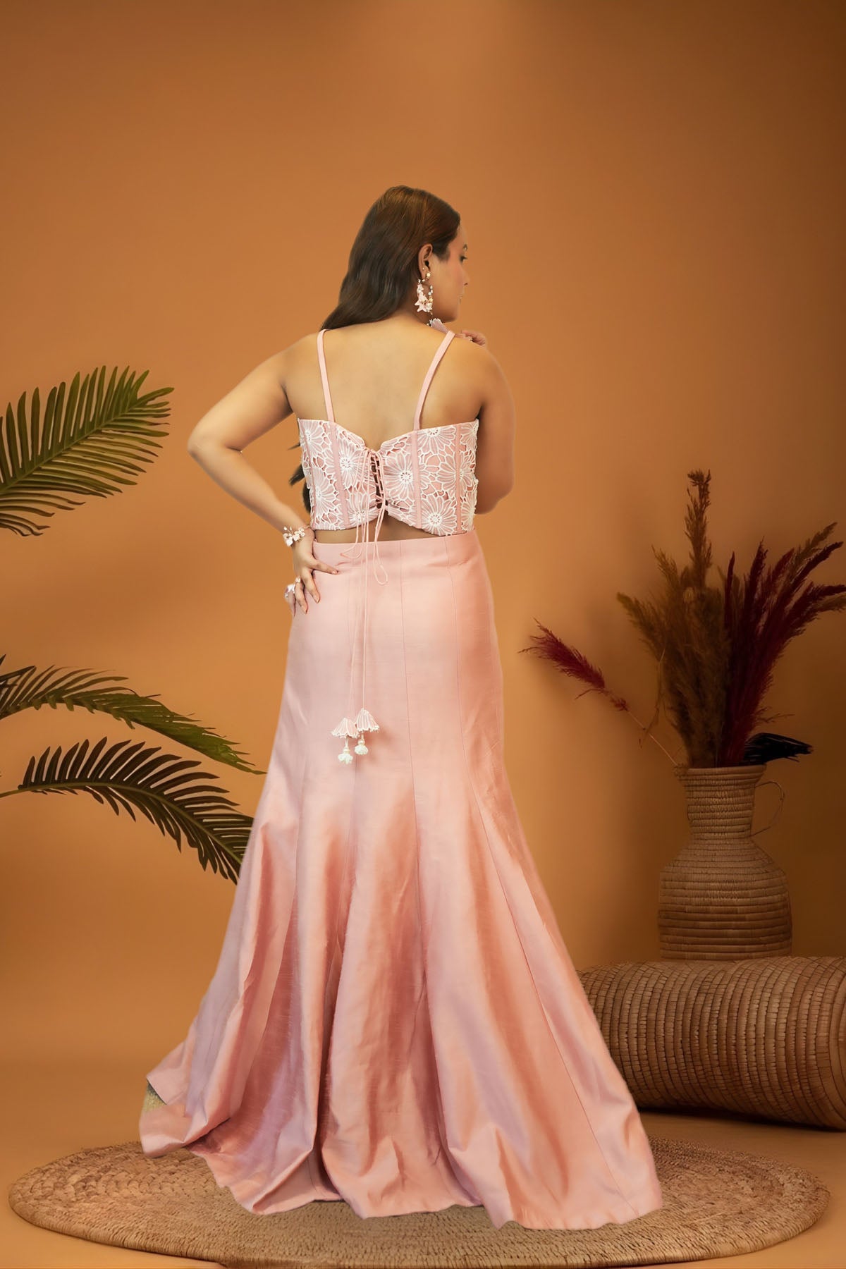 Blush Pink Corset Cutwork Blouse Mermaid Skirt Set