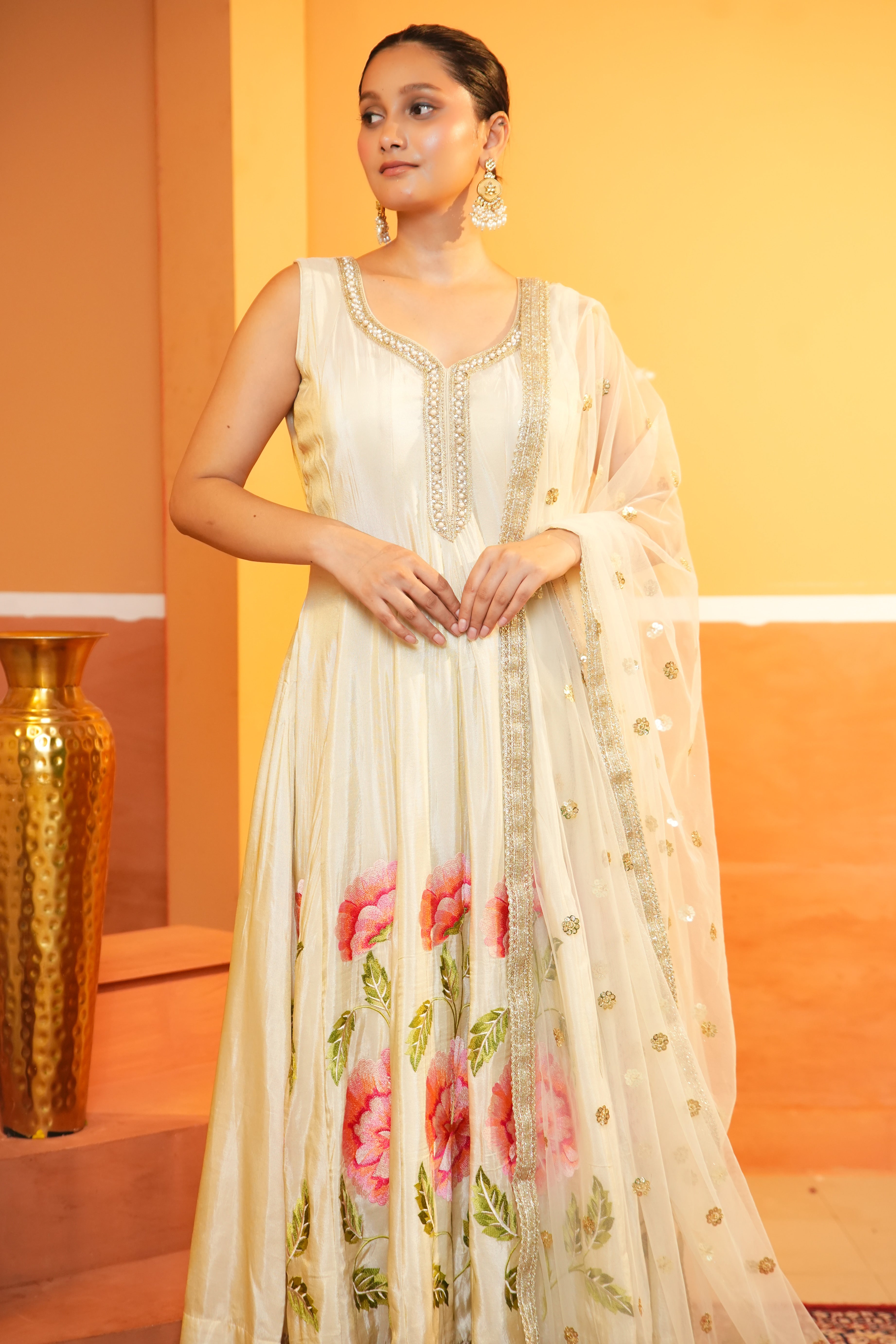 Golden Beige Silk Anarkali Set