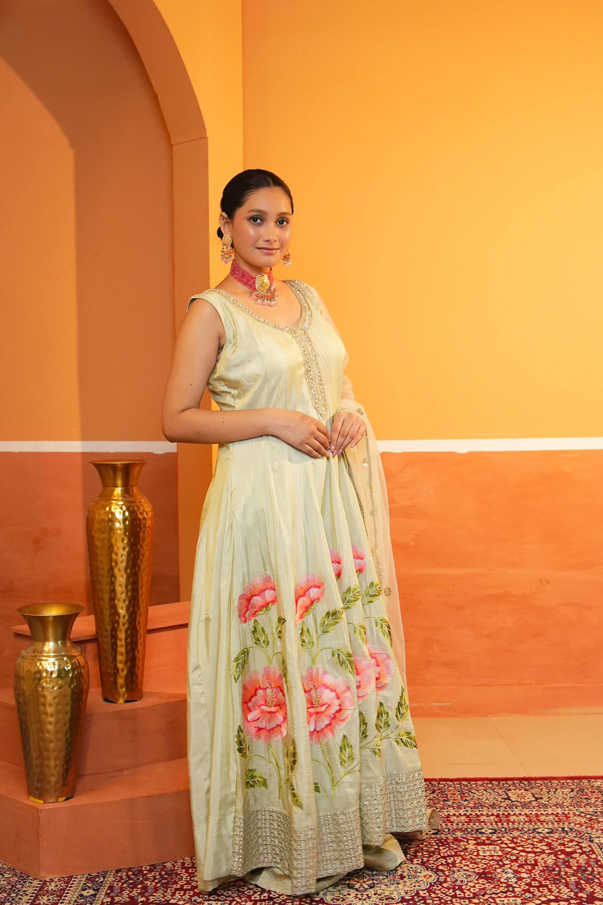 Pastel Light Green Silk Anarkali Set