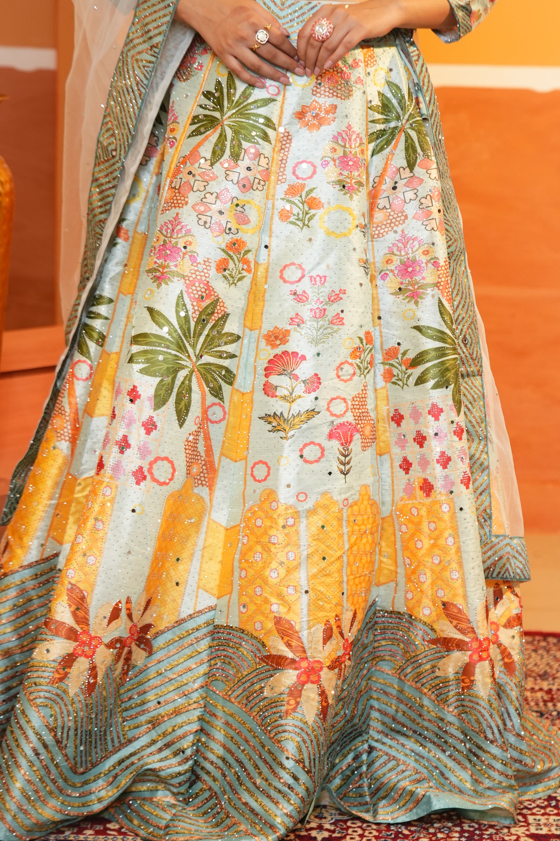 Pastel Mint Green Floral Butter Silk Lehenga Set