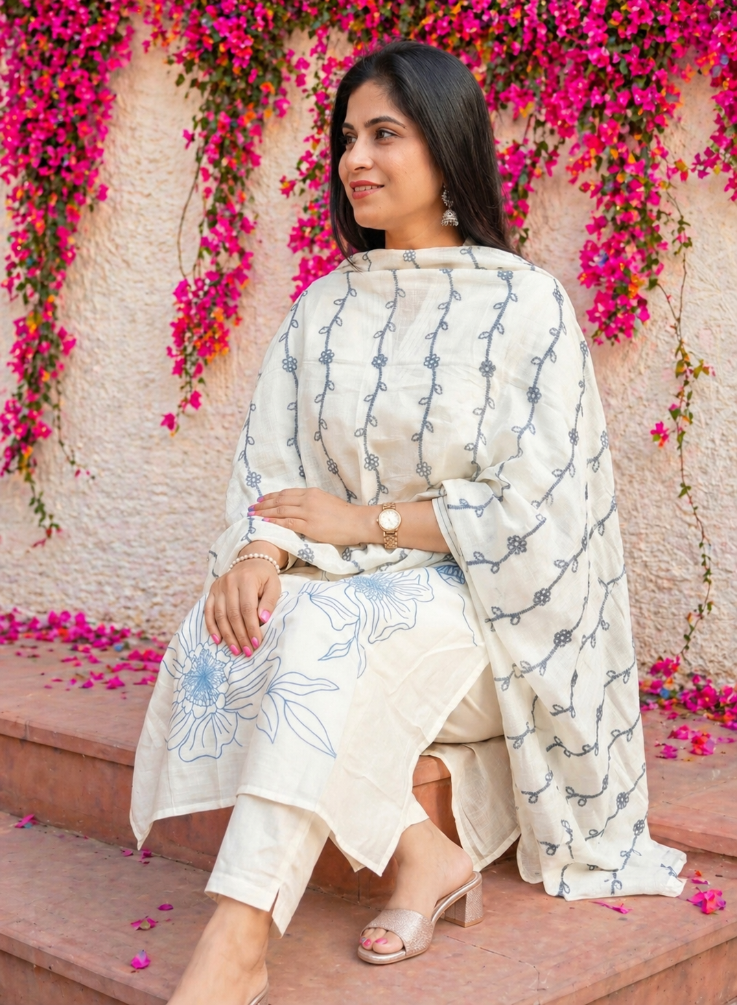 Off White Blue Embroidered Mul Cotton Suit Set