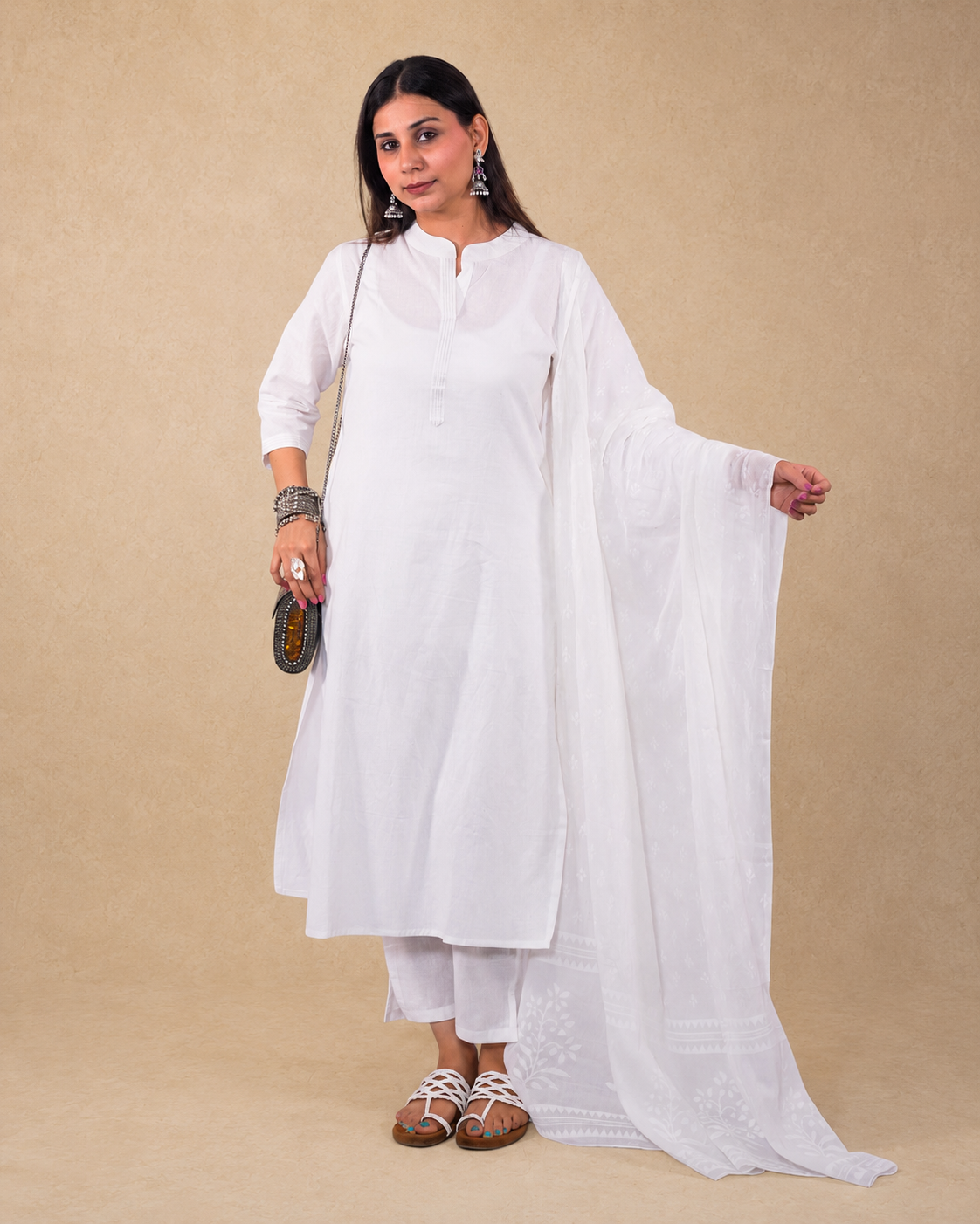 Snowy White Mul Cotton Kurta With Slip and Pants and Dupatta Suit Set