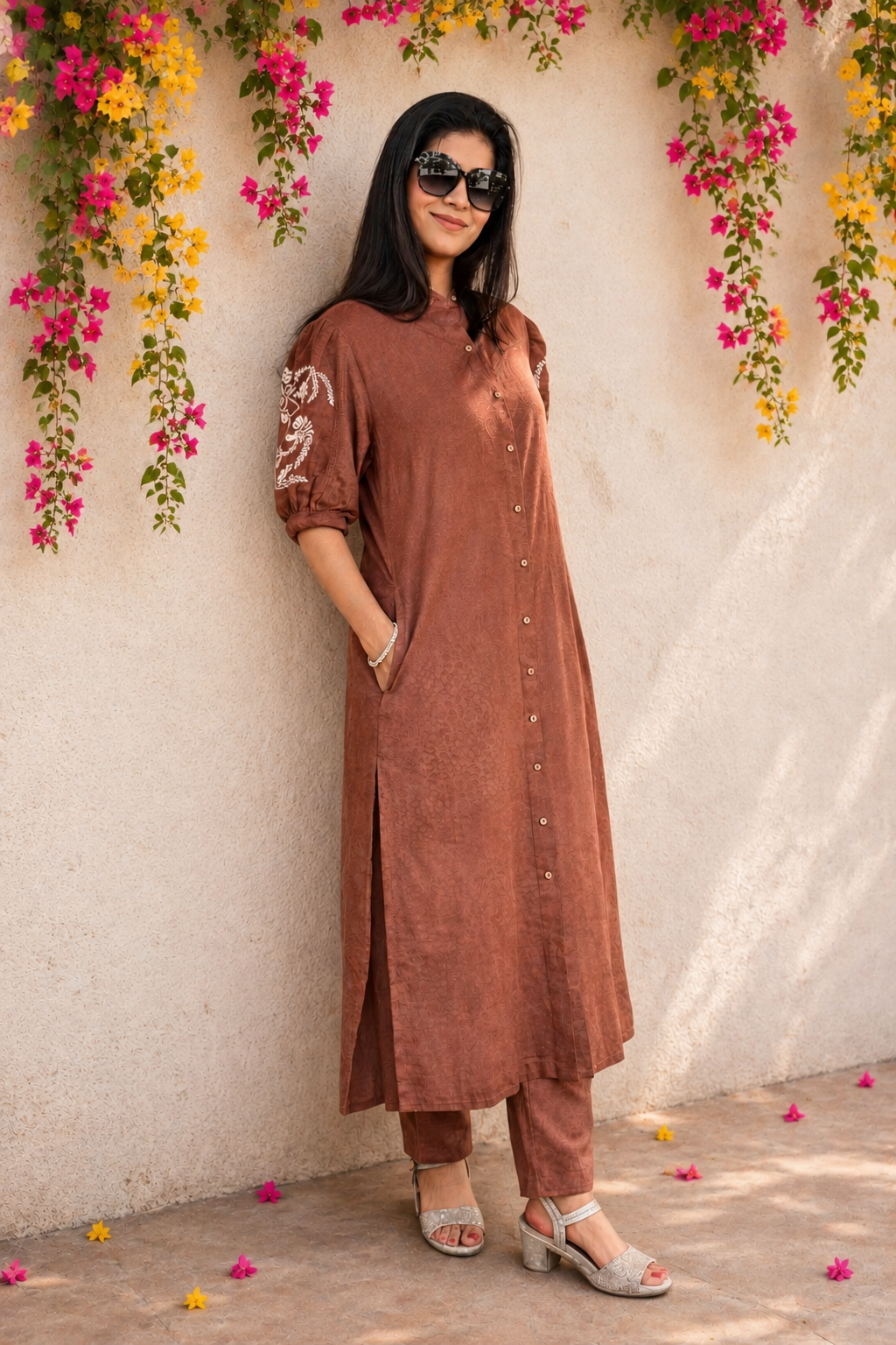 Mocha Brown Embroidered Cotton Kurta with Pants