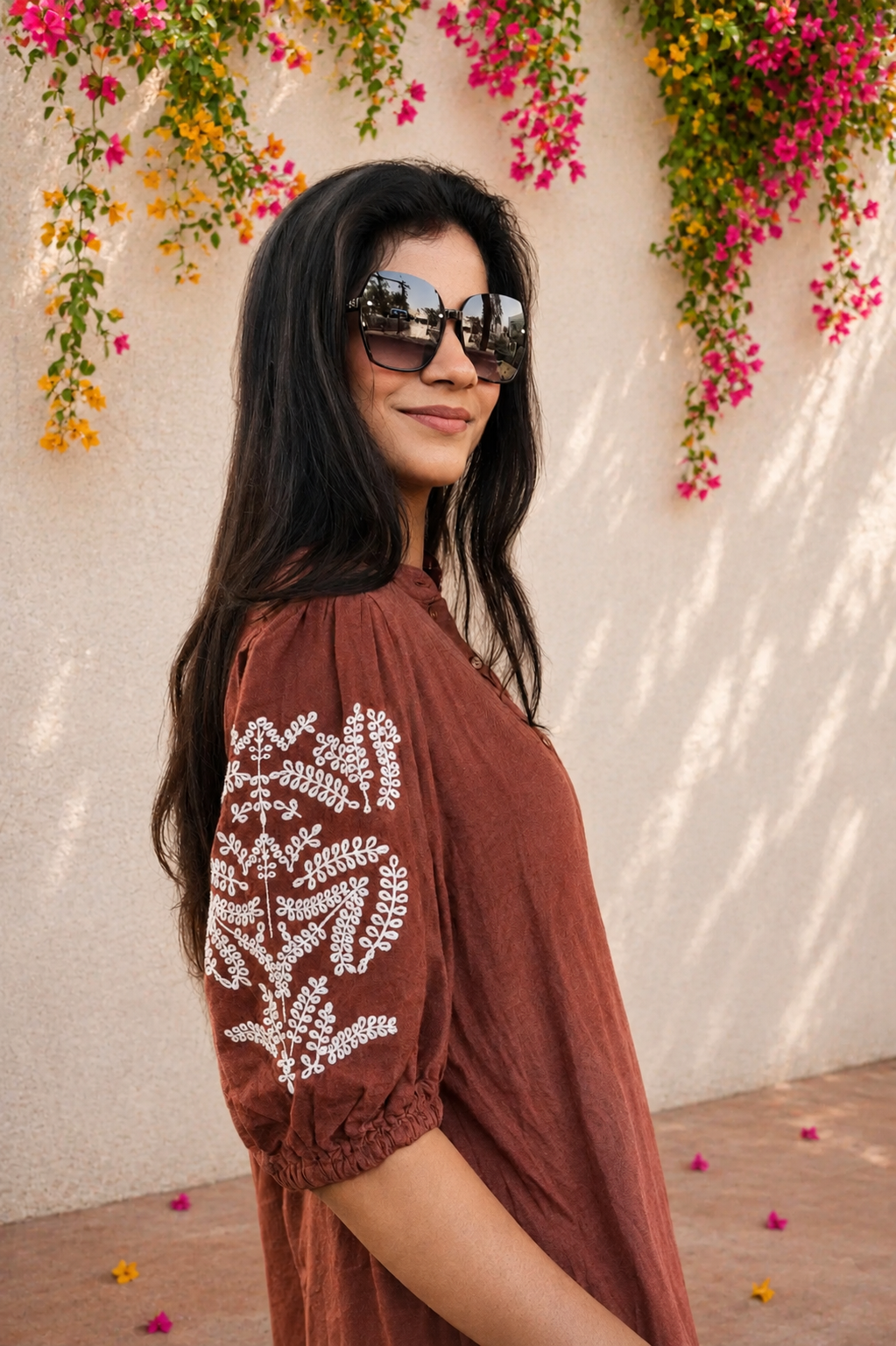 Mocha Brown Embroidered Cotton Kurta with Pants
