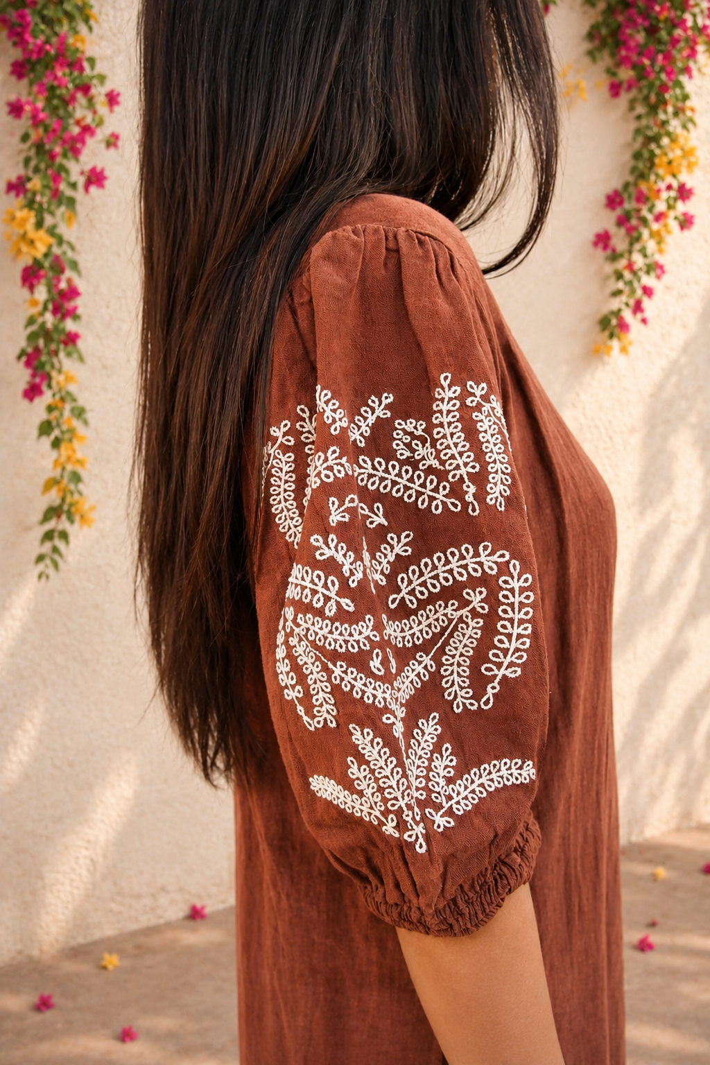 Mocha Brown Embroidered Cotton Kurta with Pants