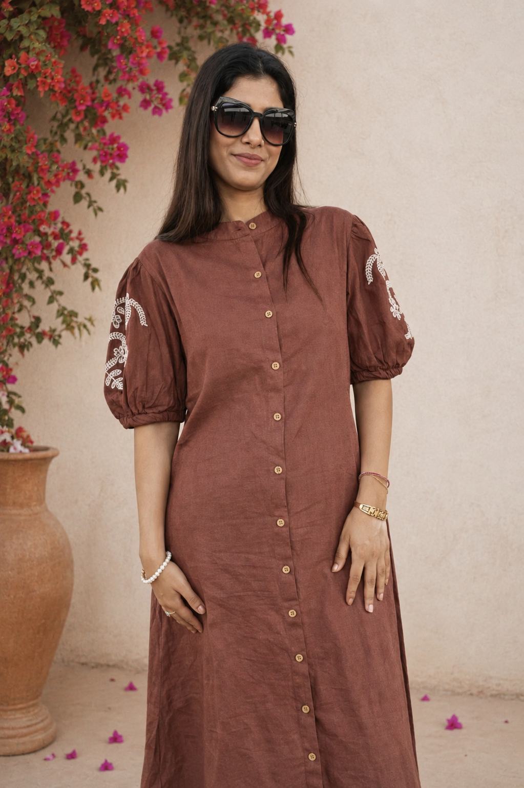 Mocha Brown Embroidered Cotton Kurta with Pants