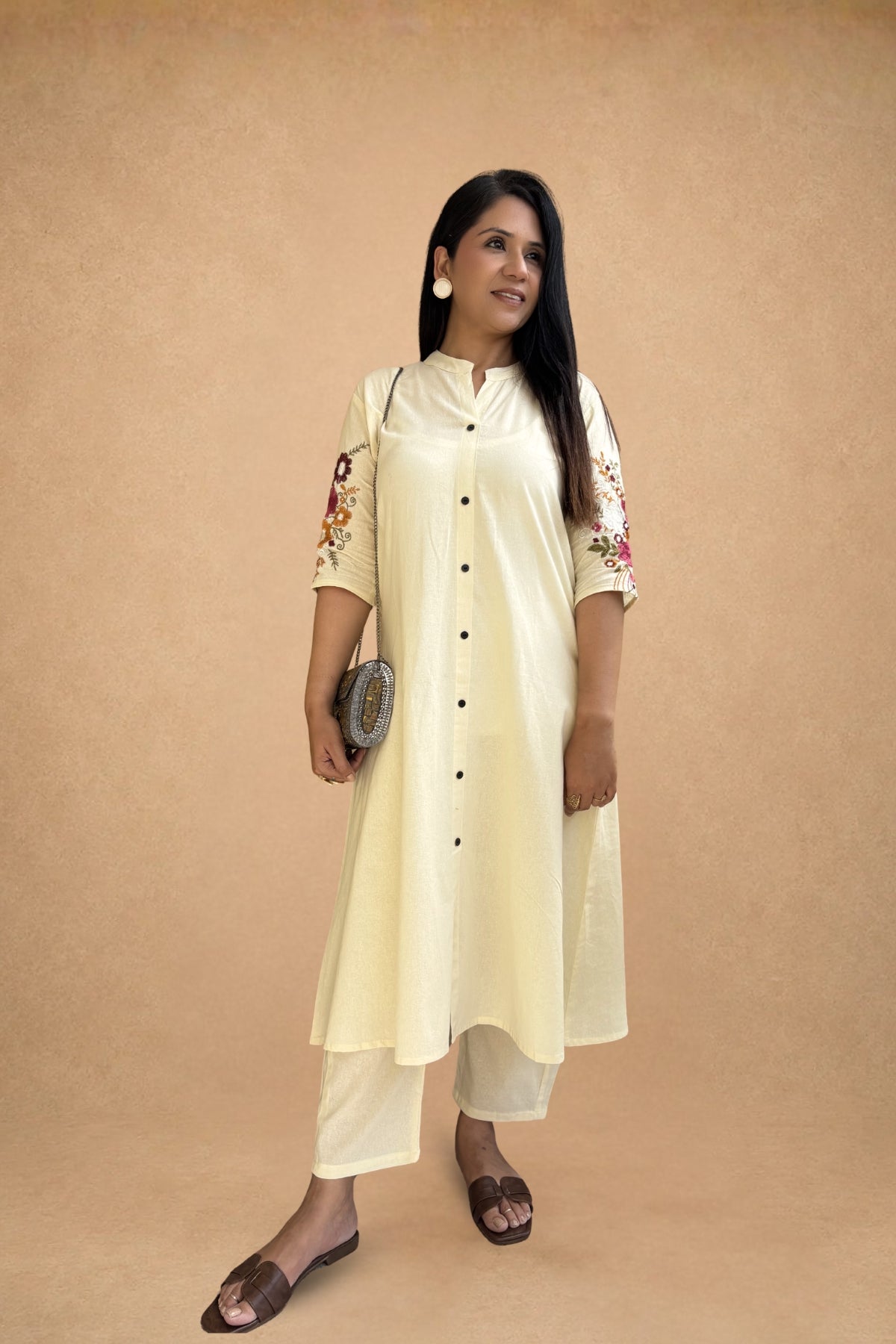 Off White Bloom Embroidered Cotton Kurta with Pants