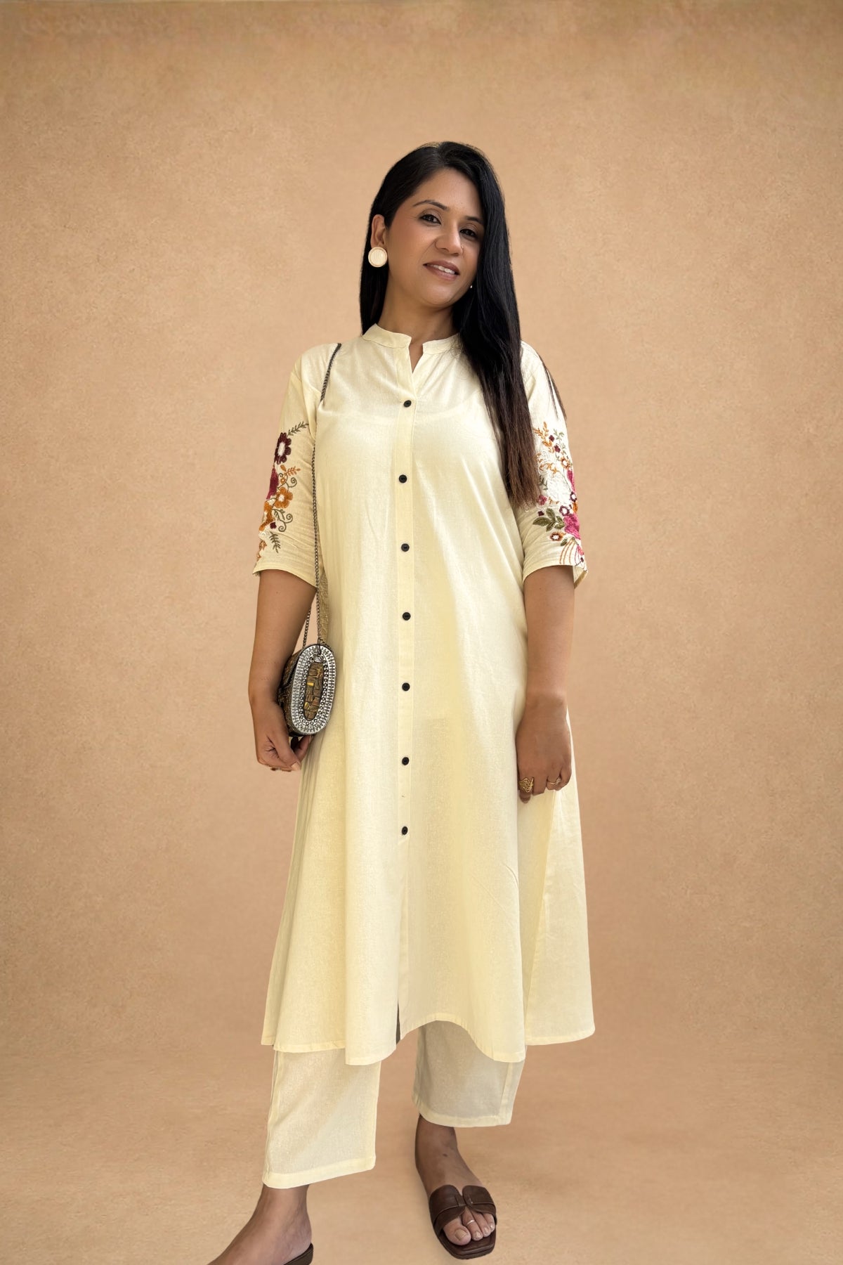Off White Bloom Embroidered Cotton Kurta with Pants