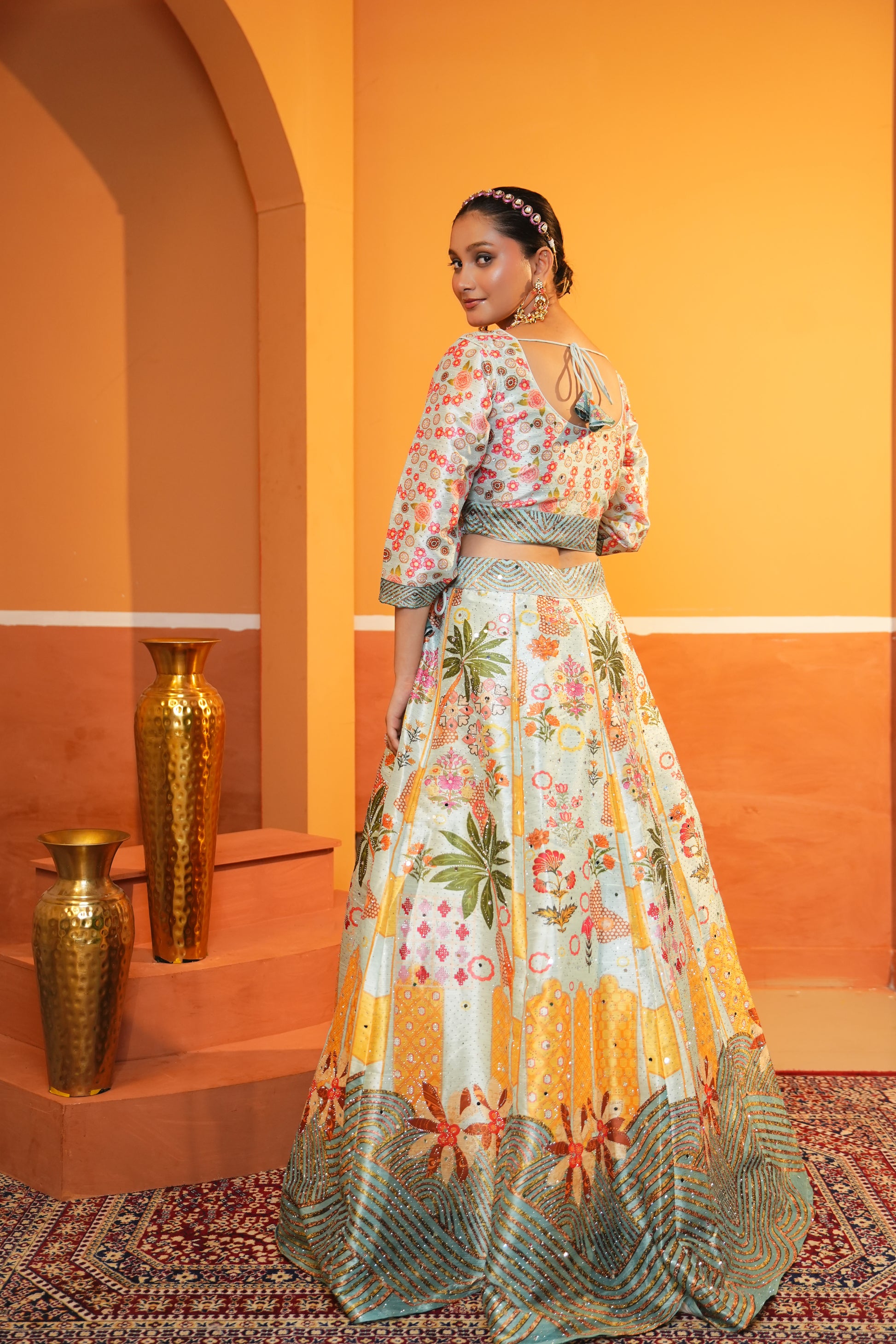 Pastel Mint Green Floral Butter Silk Lehenga Set