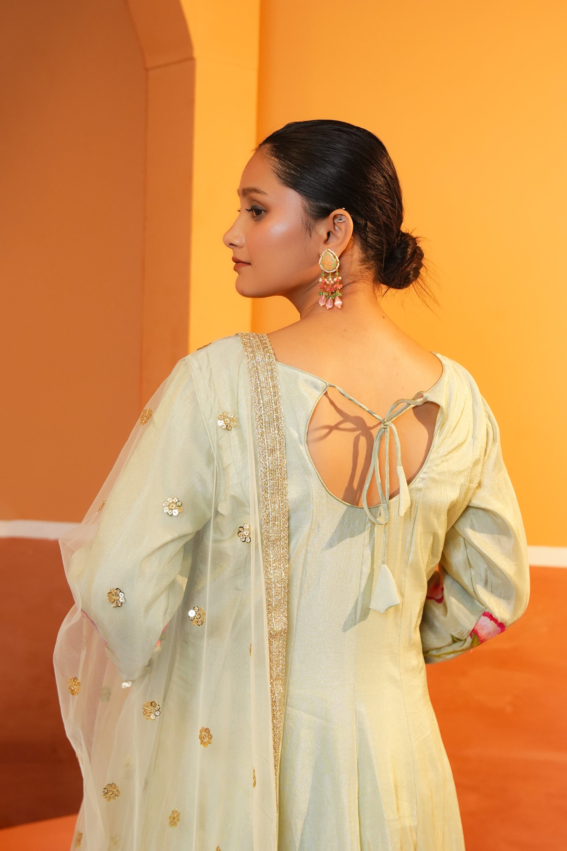 Pastel Light Green Silk Anarkali Set