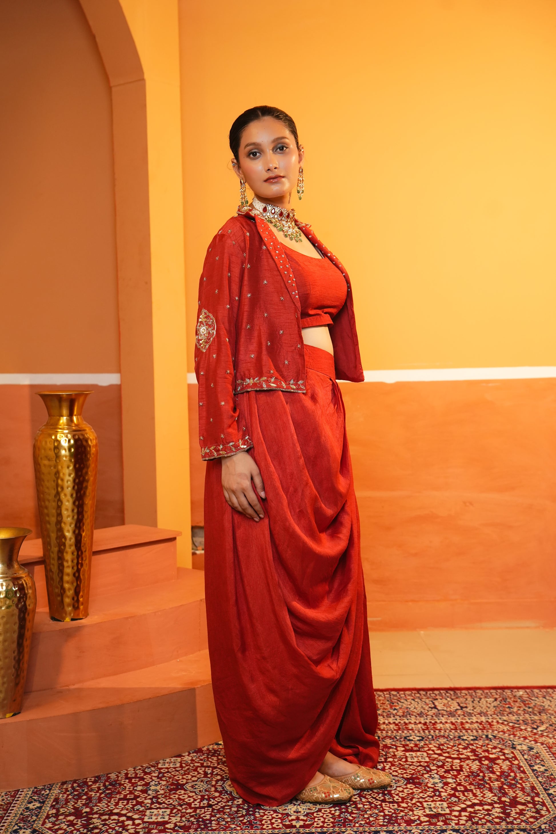 Imperial Red Draped Skirt With Blouse And Embroidered Jacket Set