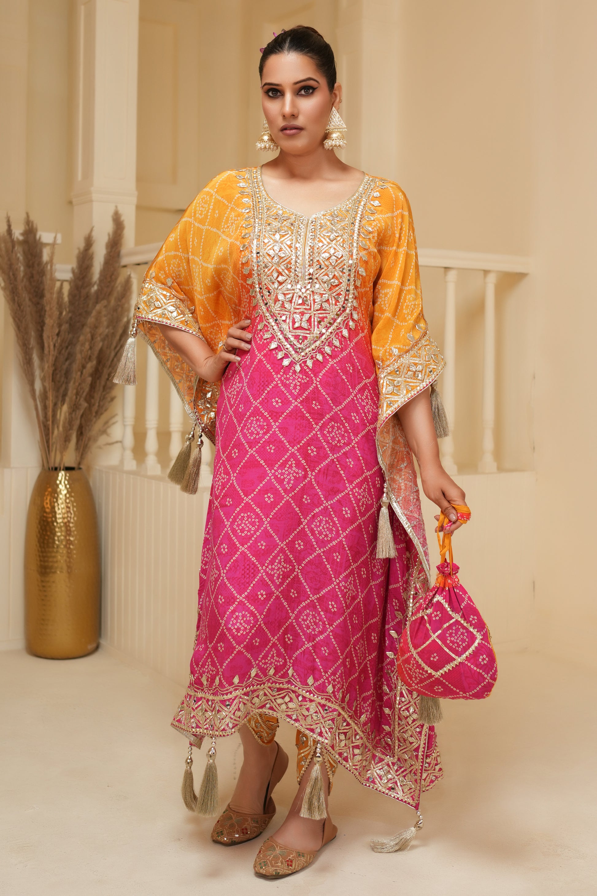 Hot Pink Bandhej Ombre Kaftan Set