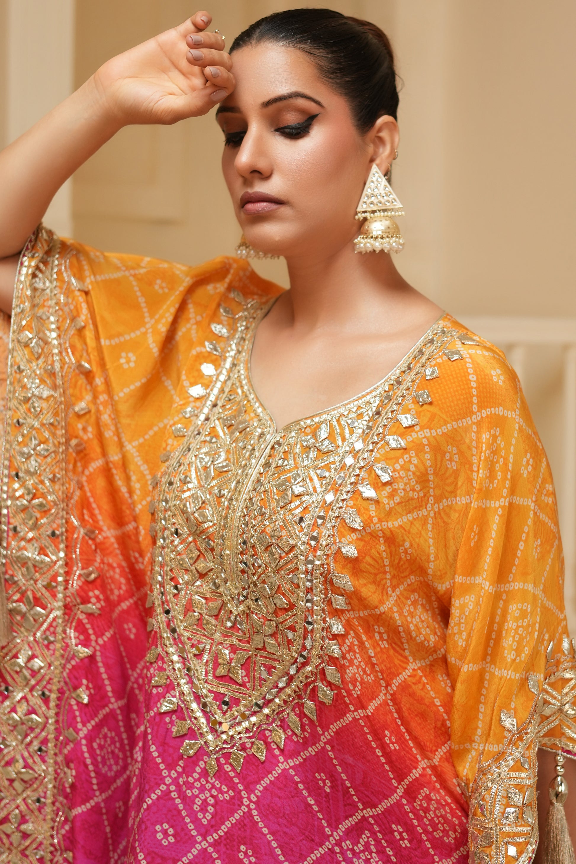 Hot Pink Bandhej Ombre Kaftan Set