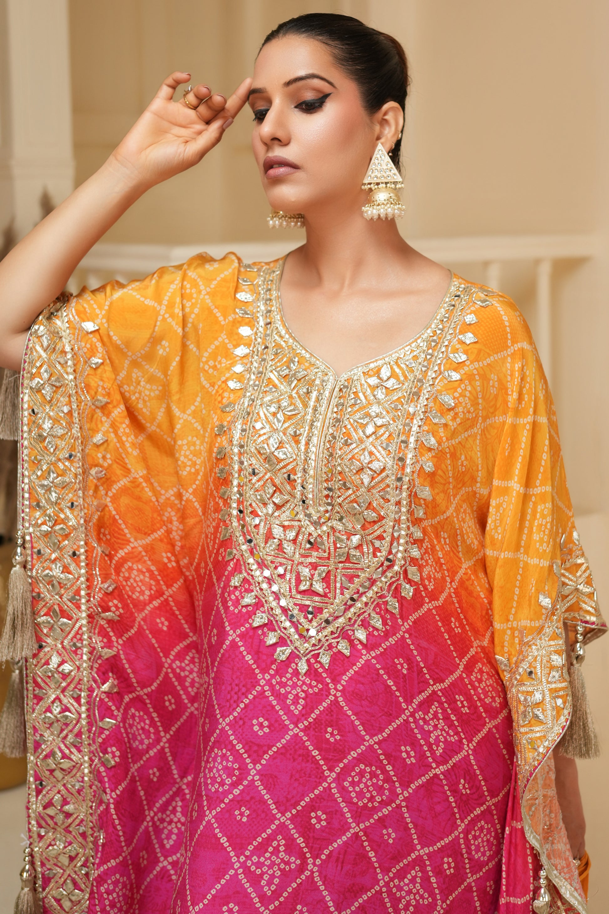 Hot Pink Bandhej Ombre Kaftan Set