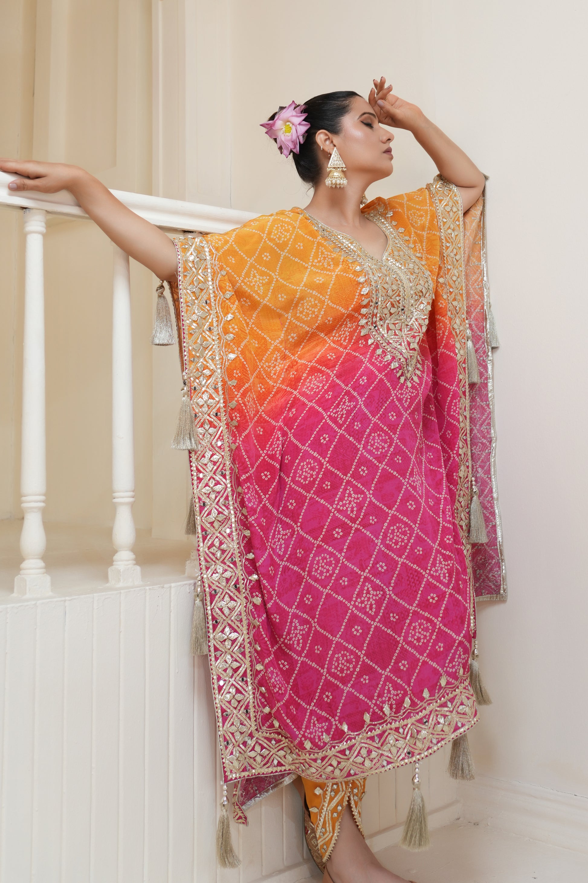 Hot Pink Bandhej Ombre Kaftan Set