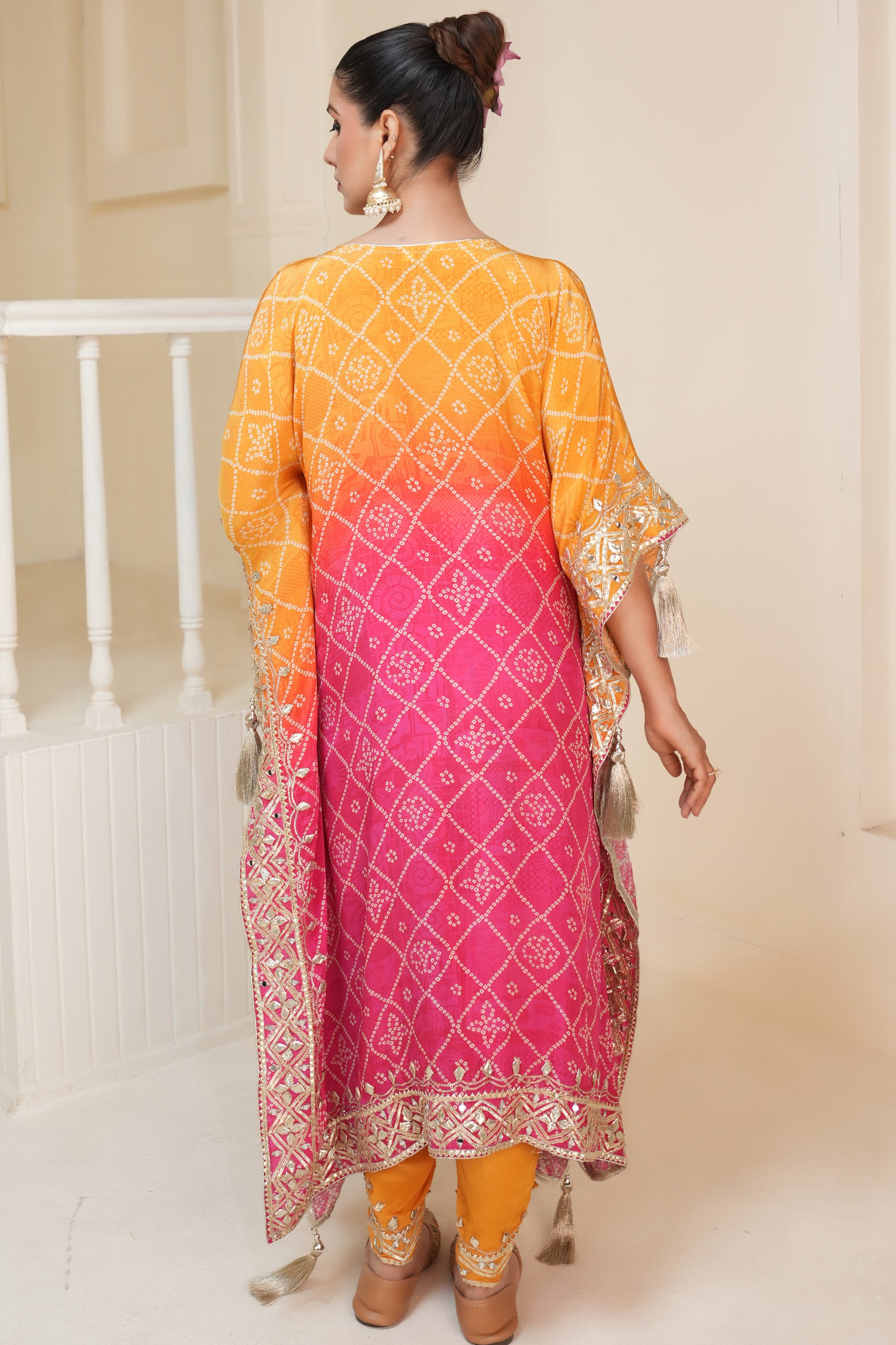 Hot Pink Bandhej Ombre Kaftan Set