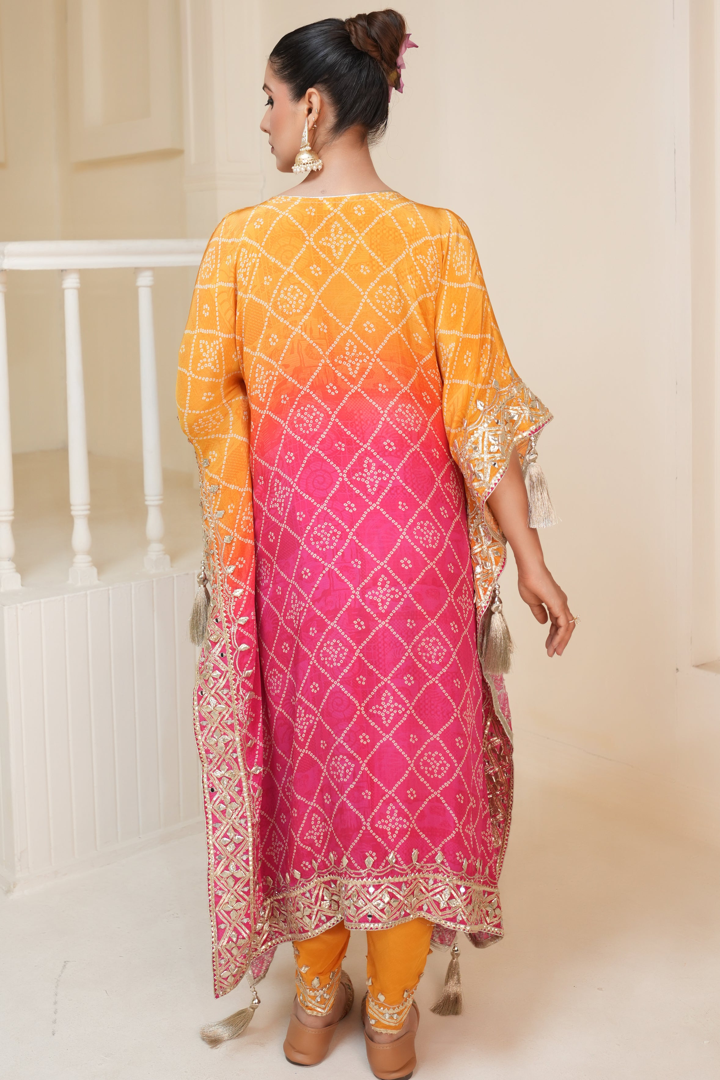 Hot Pink Bandhej Ombre Kaftan Set