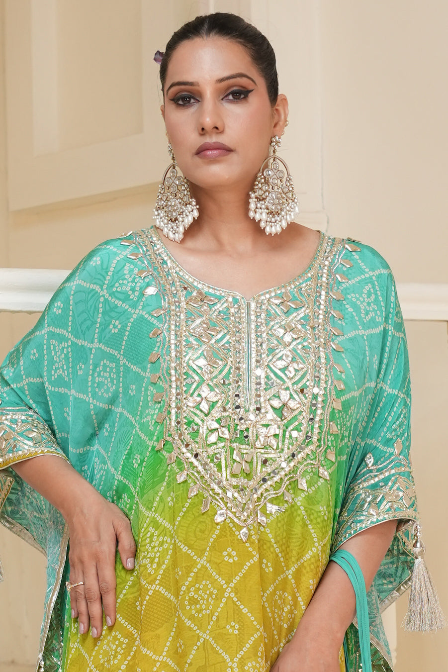 Mustard Yellow Bandhej Ombre Kaftan Set