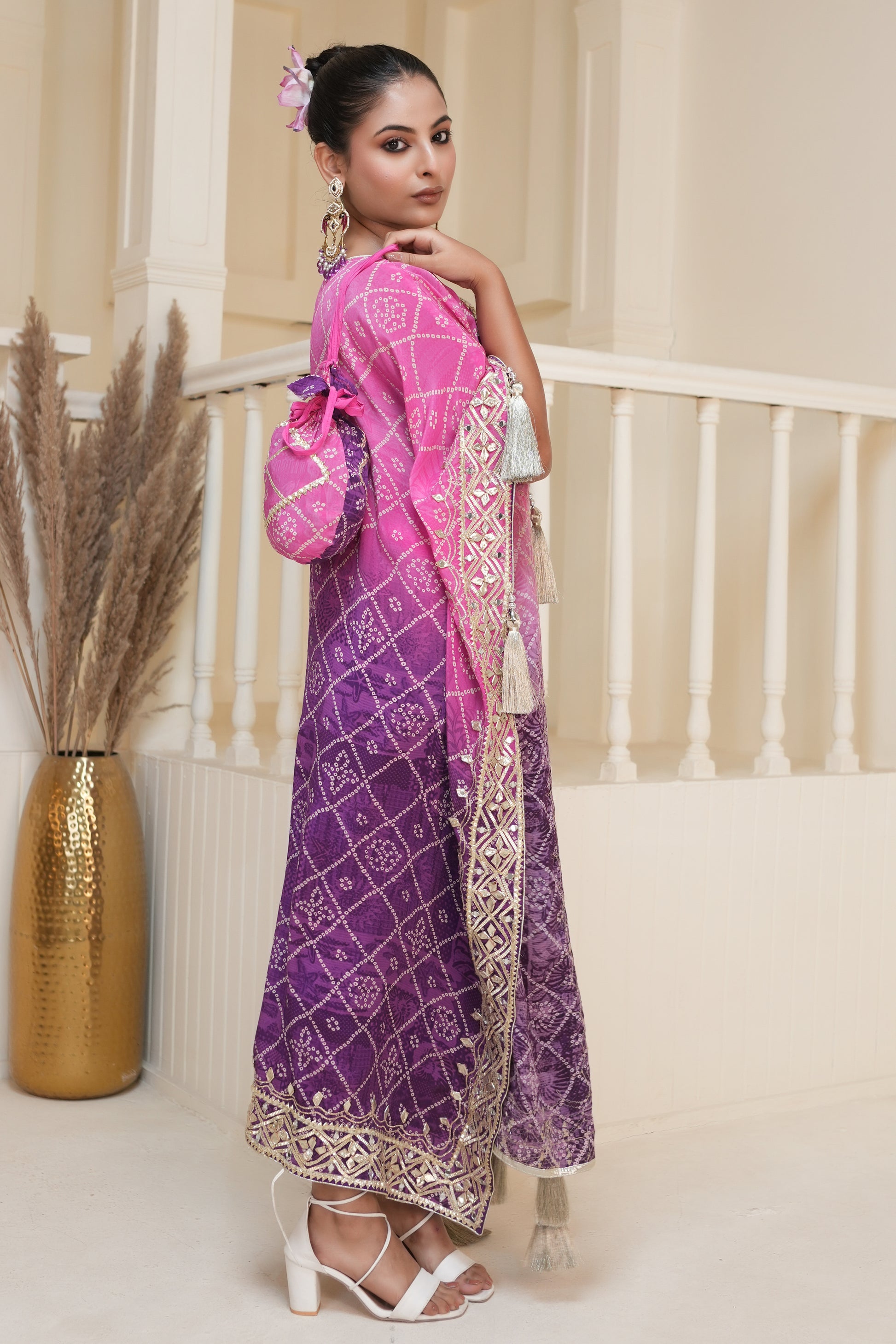 Purple Bandhej Ombre Kaftan Set