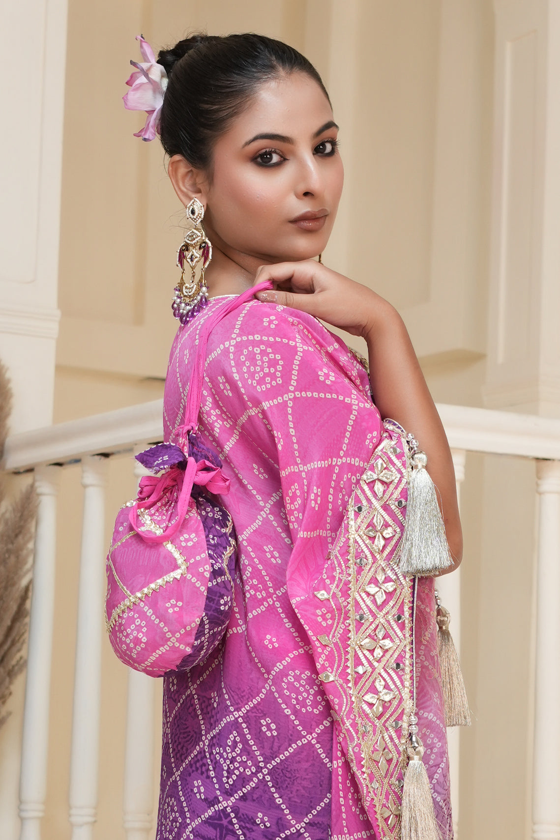 Purple Bandhej Ombre Kaftan Set