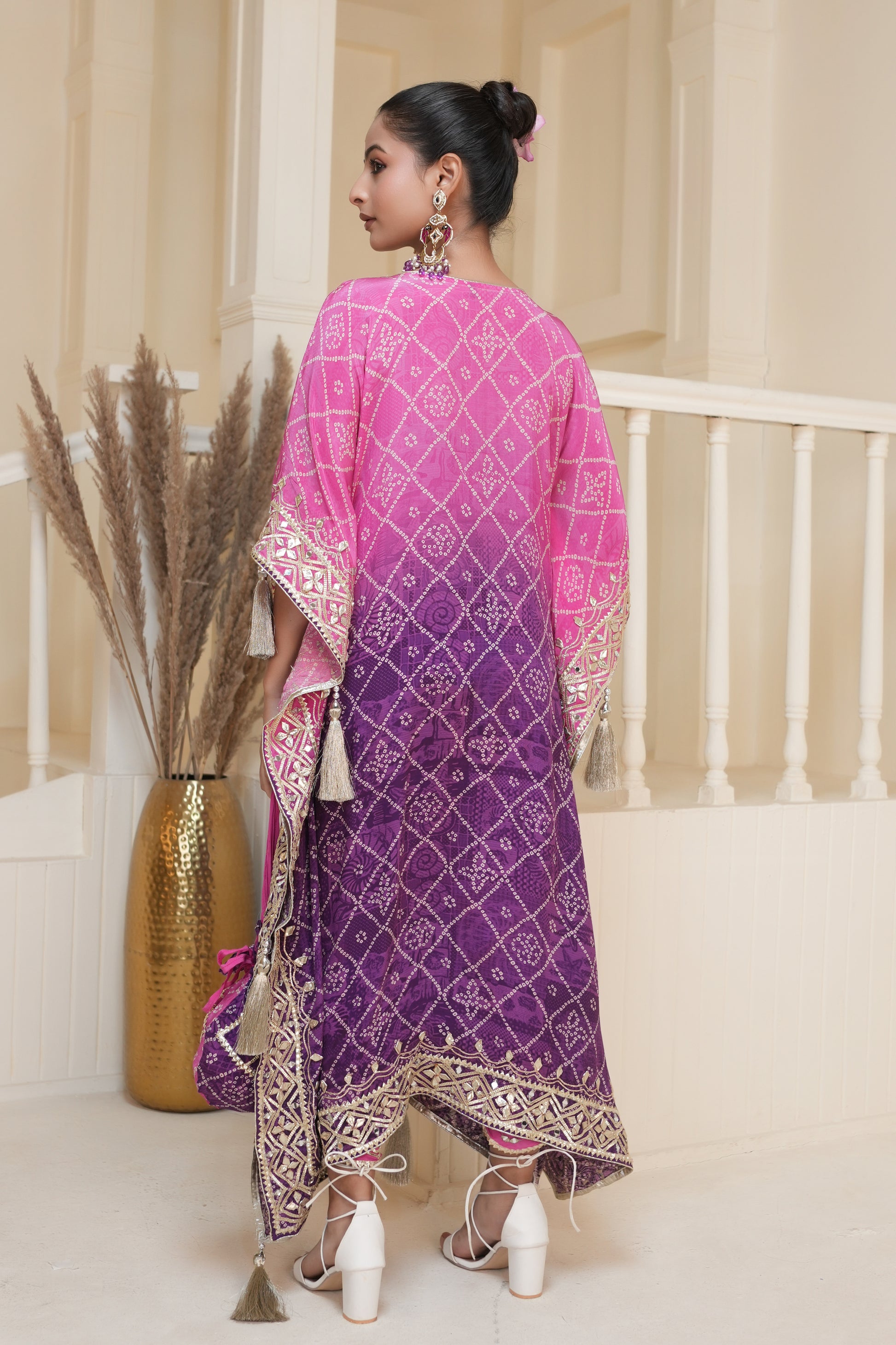 Purple Bandhej Ombre Kaftan Set