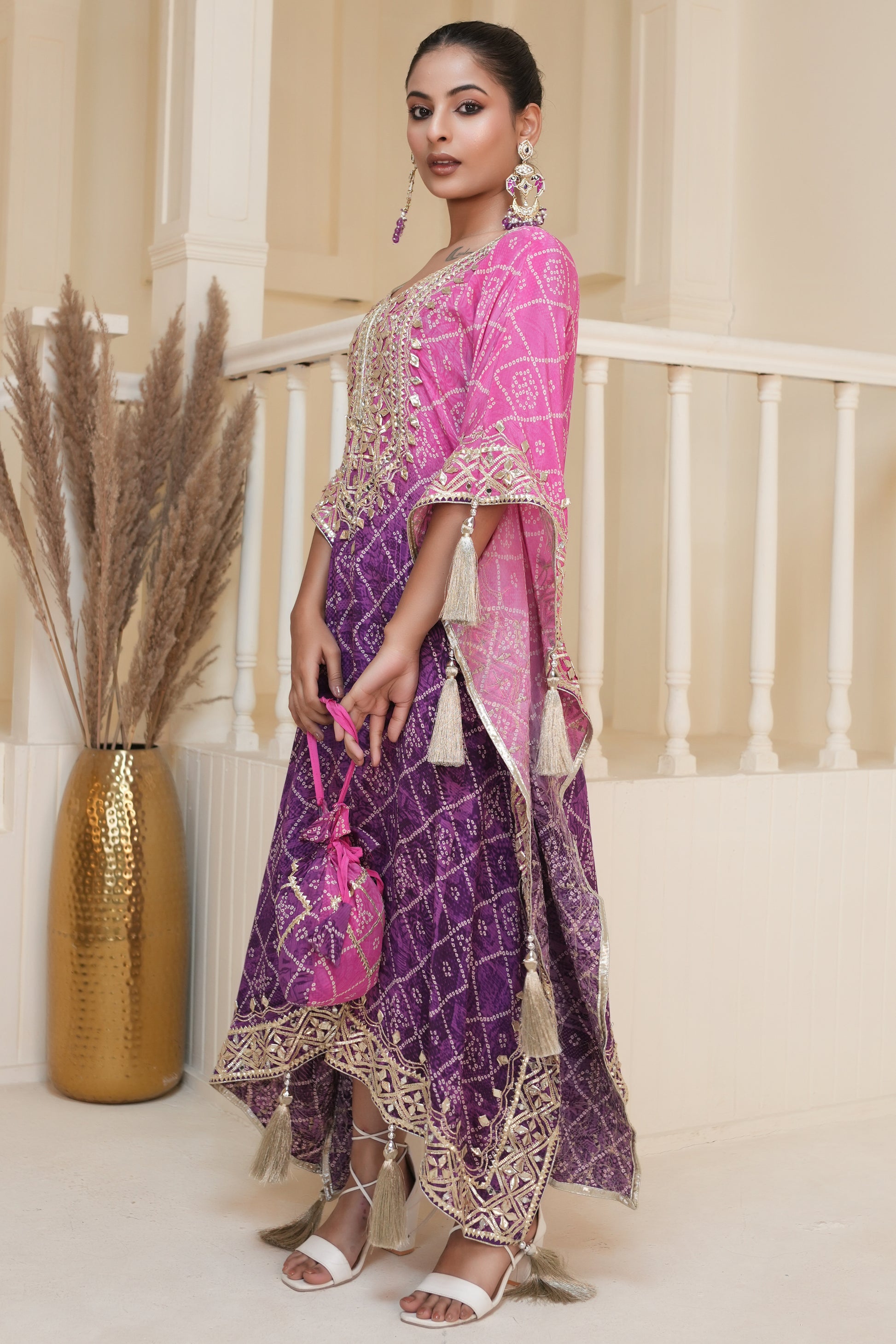 Purple Bandhej Ombre Kaftan Set