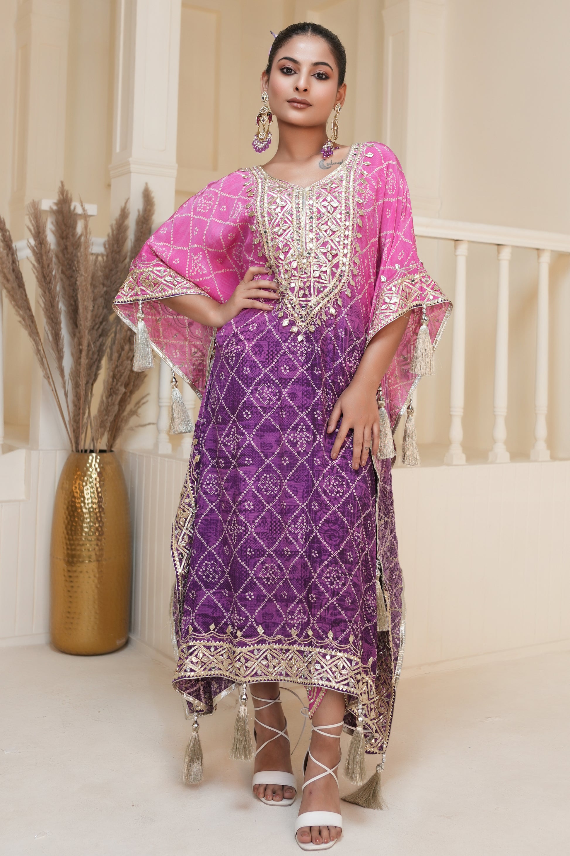 Purple Bandhej Ombre Kaftan Set