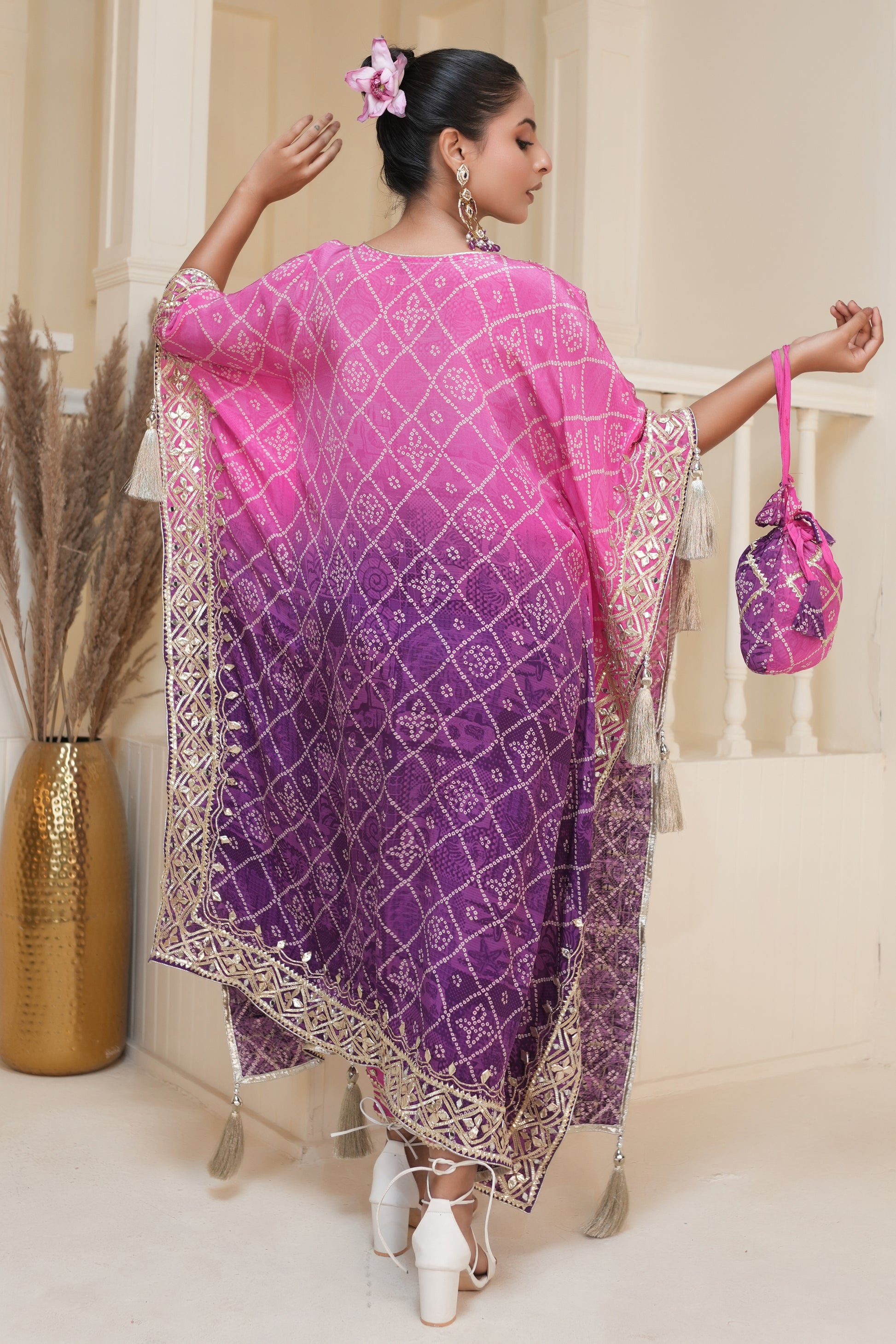 Purple Bandhej Ombre Kaftan Set
