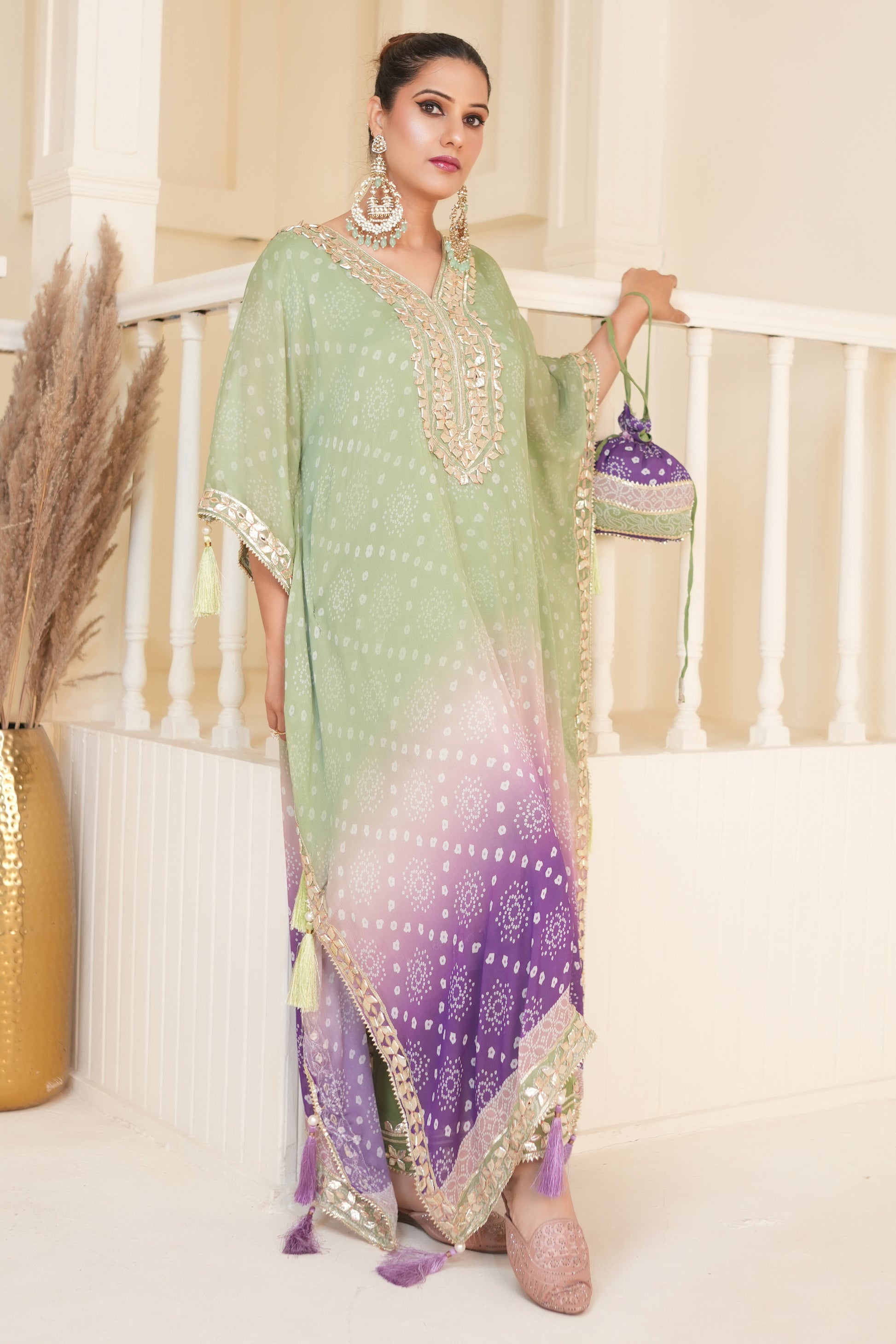 Pistachio Green Bandhej Ombre Kaftan Set