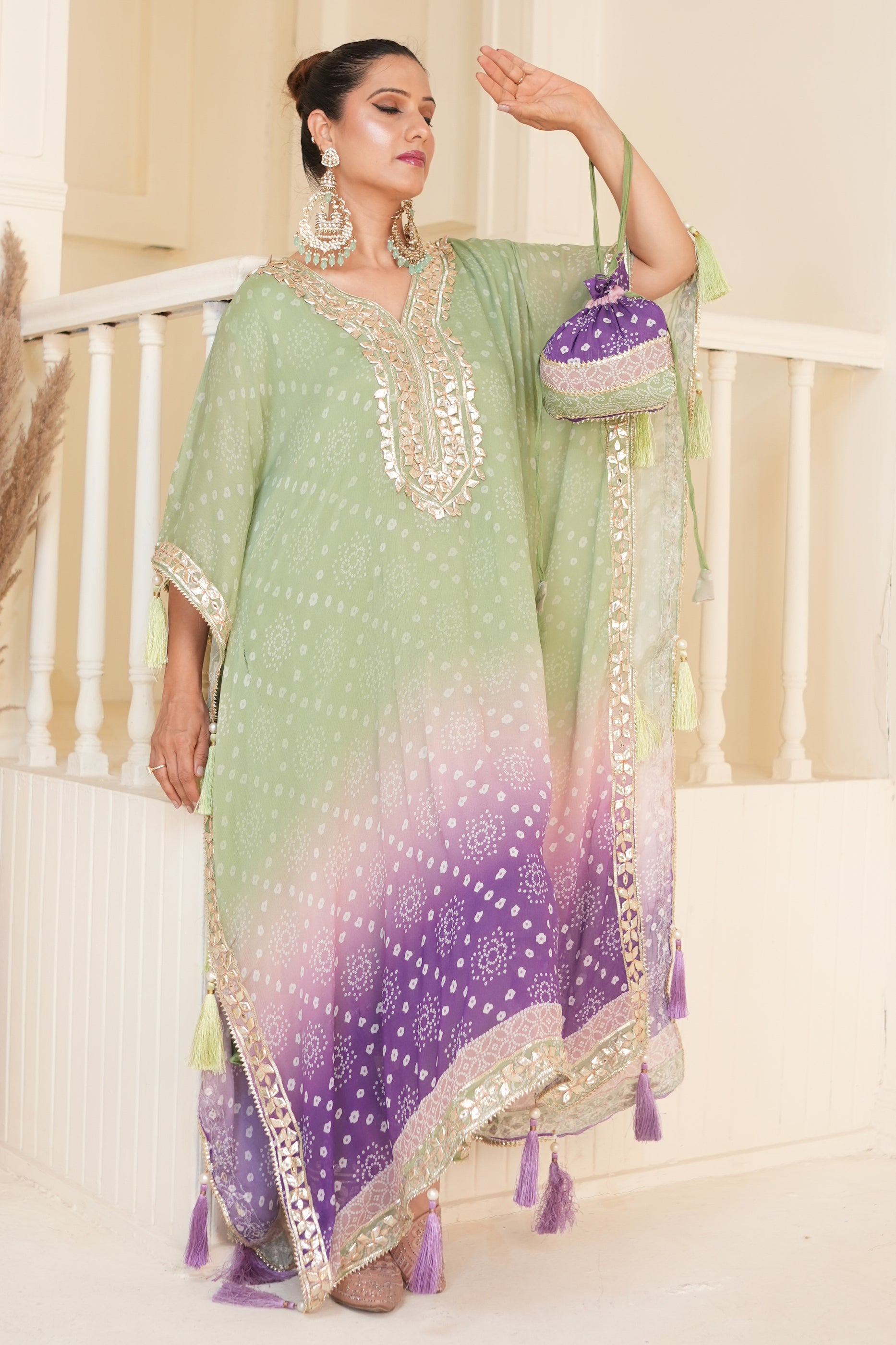 Pistachio Green Bandhej Ombre Kaftan Set