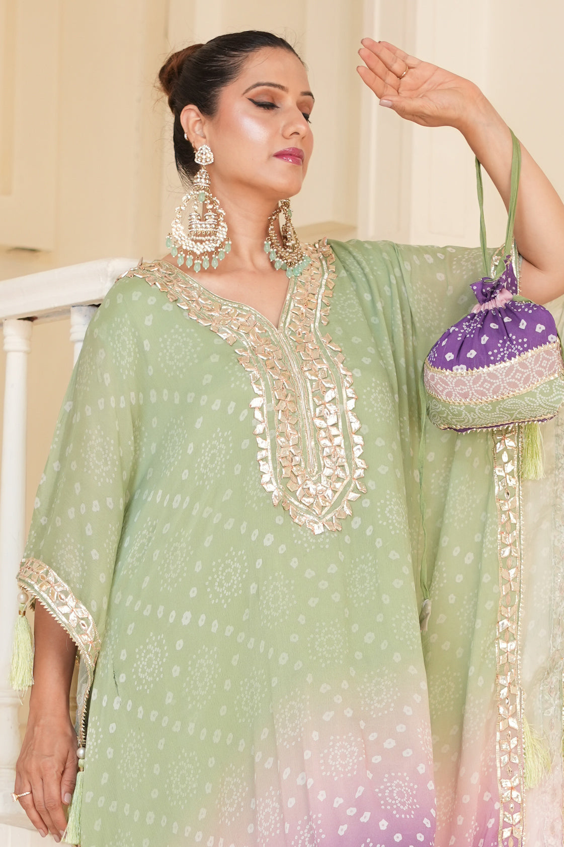 Pistachio Green Bandhej Ombre Kaftan Set