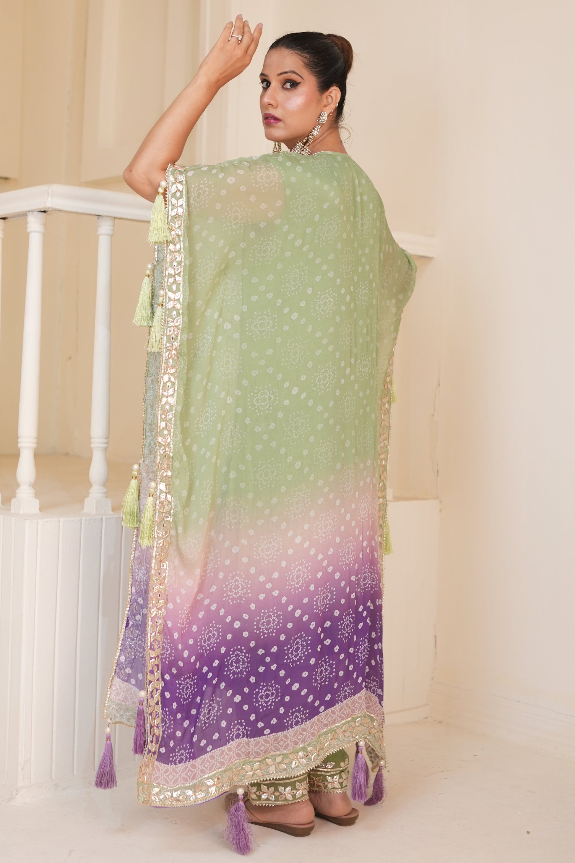 Pistachio Green Bandhej Ombre Kaftan Set