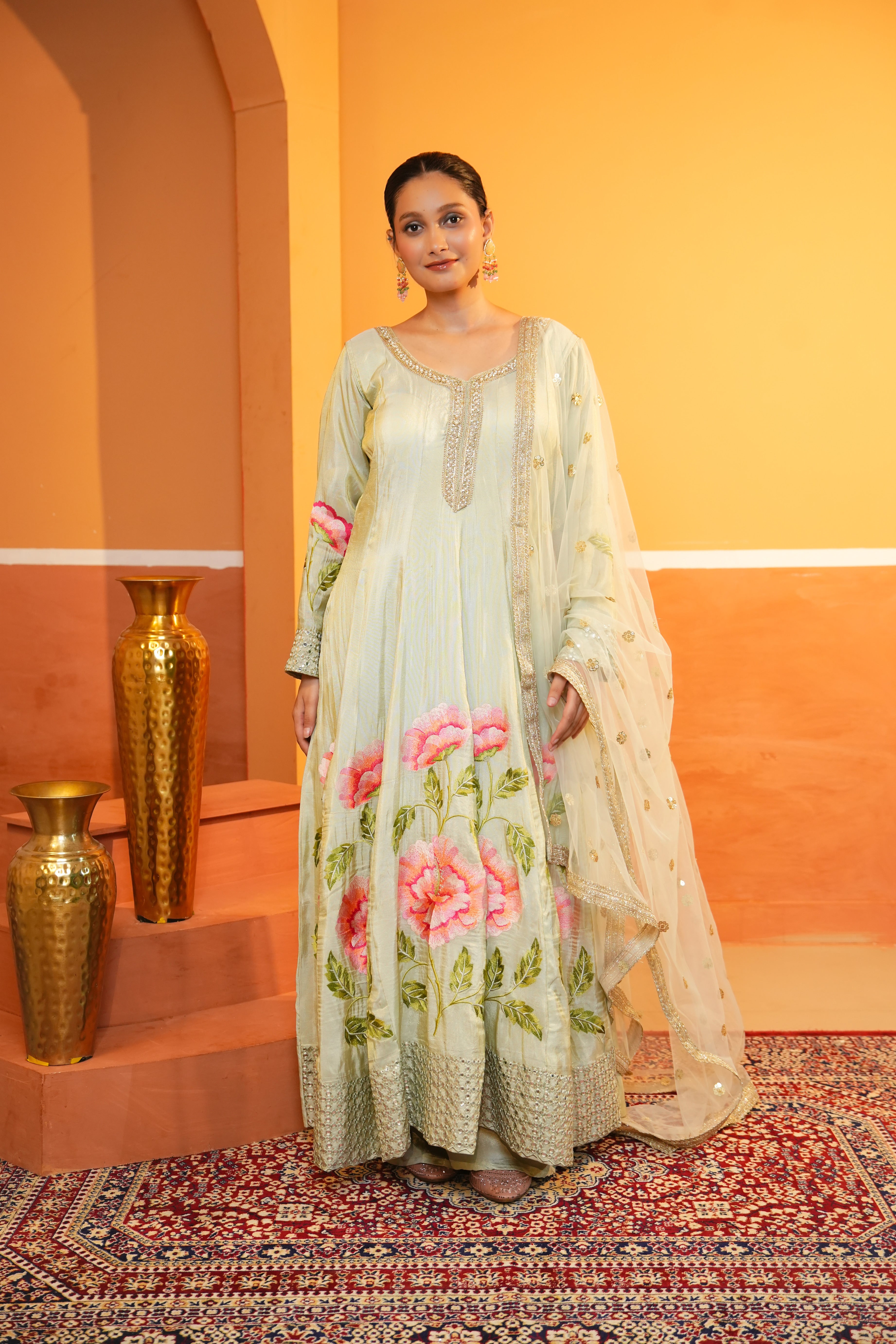 Pastel Light Green Silk Anarkali Set