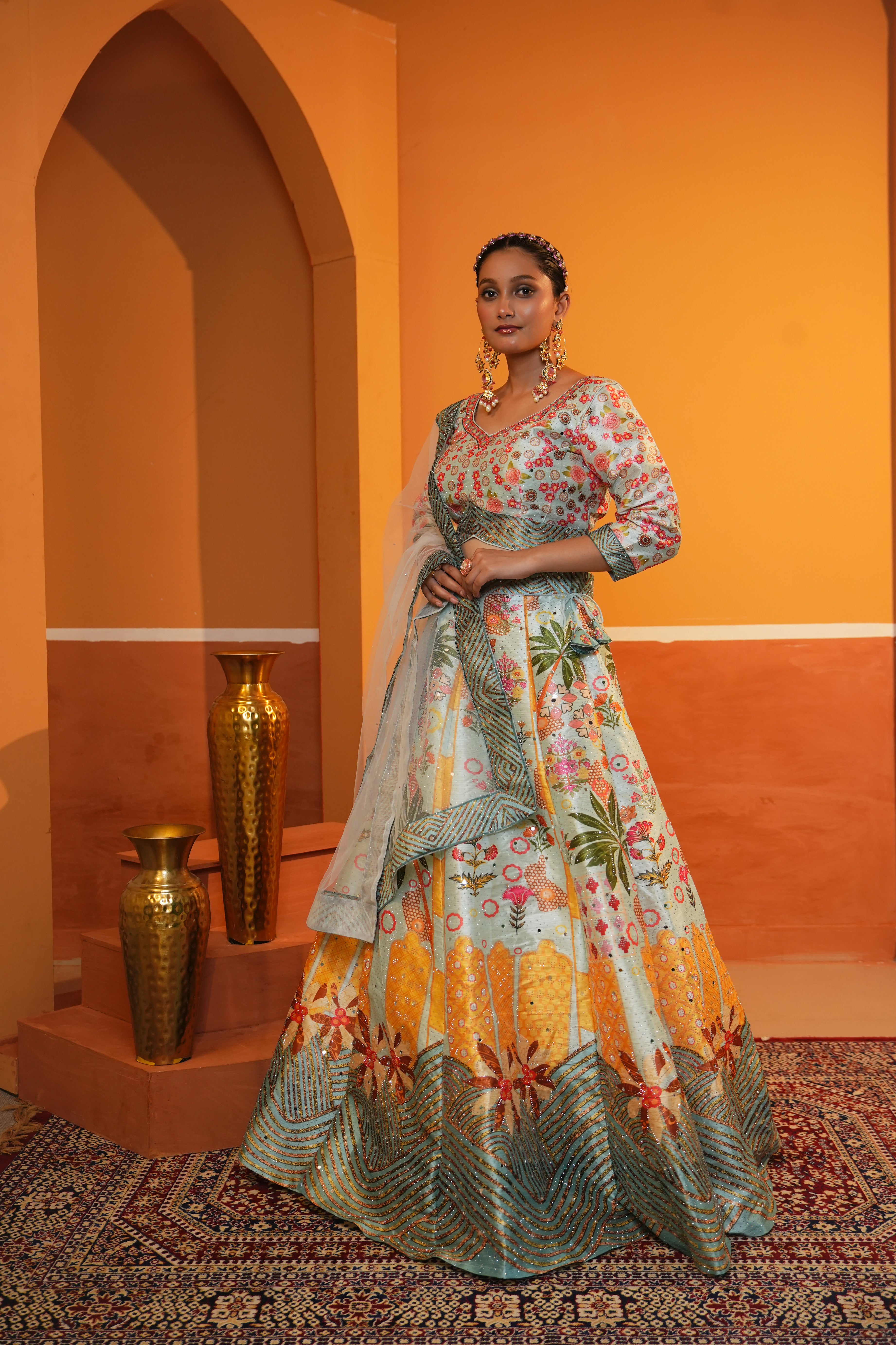 Pastel Mint Green Floral Butter Silk Lehenga Set