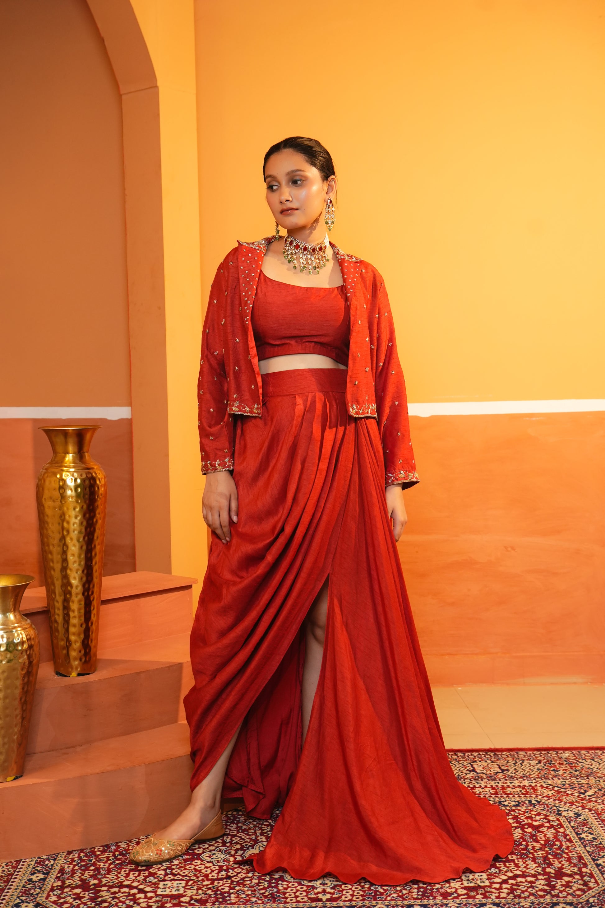 Imperial Red Draped Skirt With Blouse And Embroidered Jacket Set
