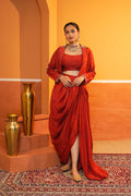 Imperial Red Draped Skirt With Blouse And Embroidered Jacket Set
